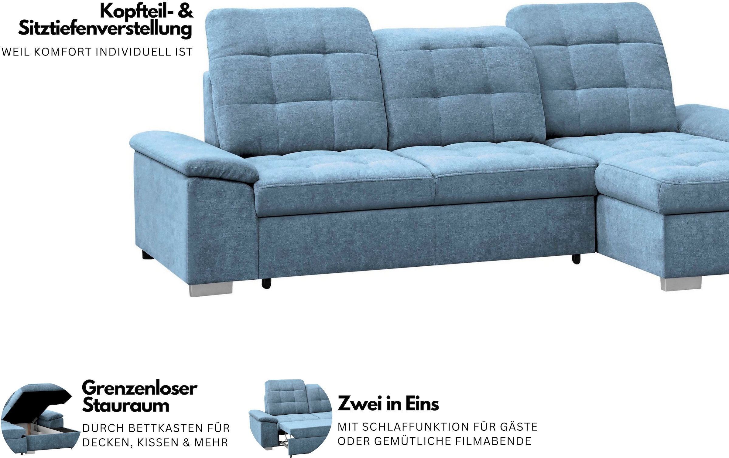 WERK2 Ecksofa »Carmen, mit Bettfunktion & Bettkasten, optional Sitztiefenverstellung« ohne Sitztiefenverstellung, Struktur weich, beige