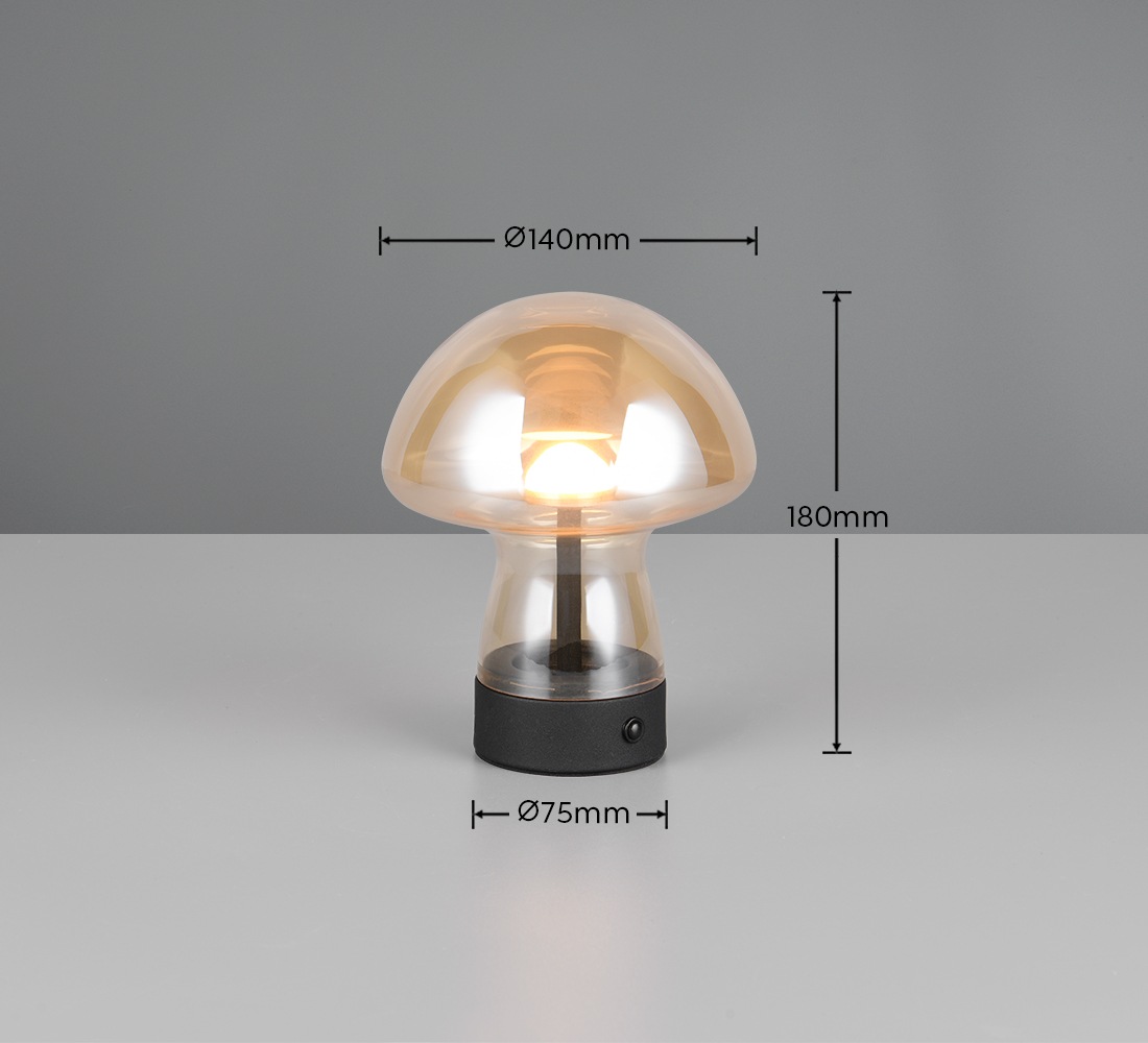 REALITY Leuchten LED Tischleuchte »DOOLEY, Akku LED Tischlampe aus Glas, Höhe 18 cm Ø 14cm, IP20 1,5W LED«, 1 flammig, Leuchtmittel LED-Board | LED fest integriert, 140 Lumen 3000K warmweiß, Touchdimmer, USB-Ladeanschluss