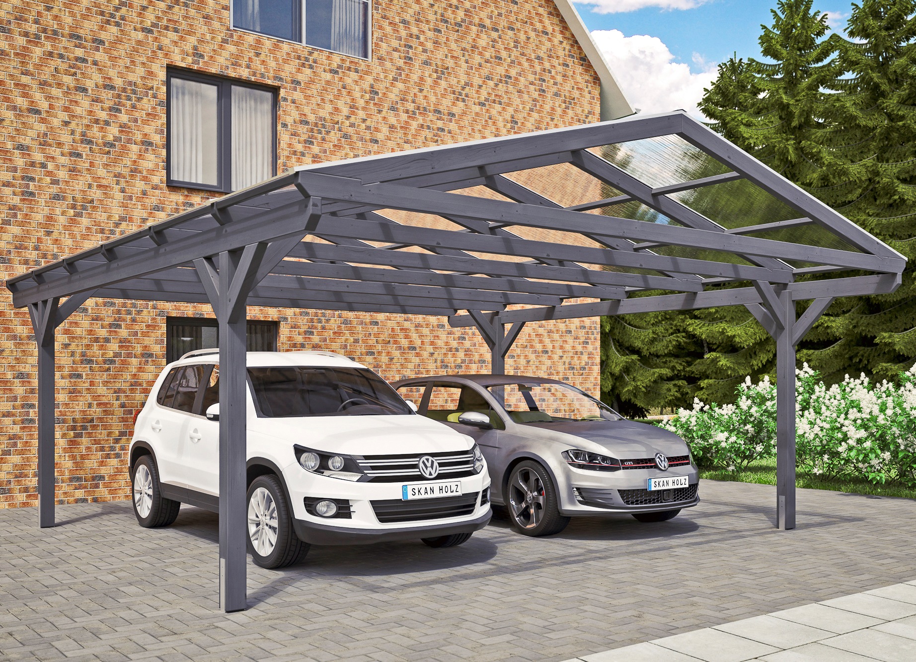 Skanholz Doppelcarport "Westerwald", Leimholz-Nordisches Fichtenholz, 534 cm, dunkelgrau