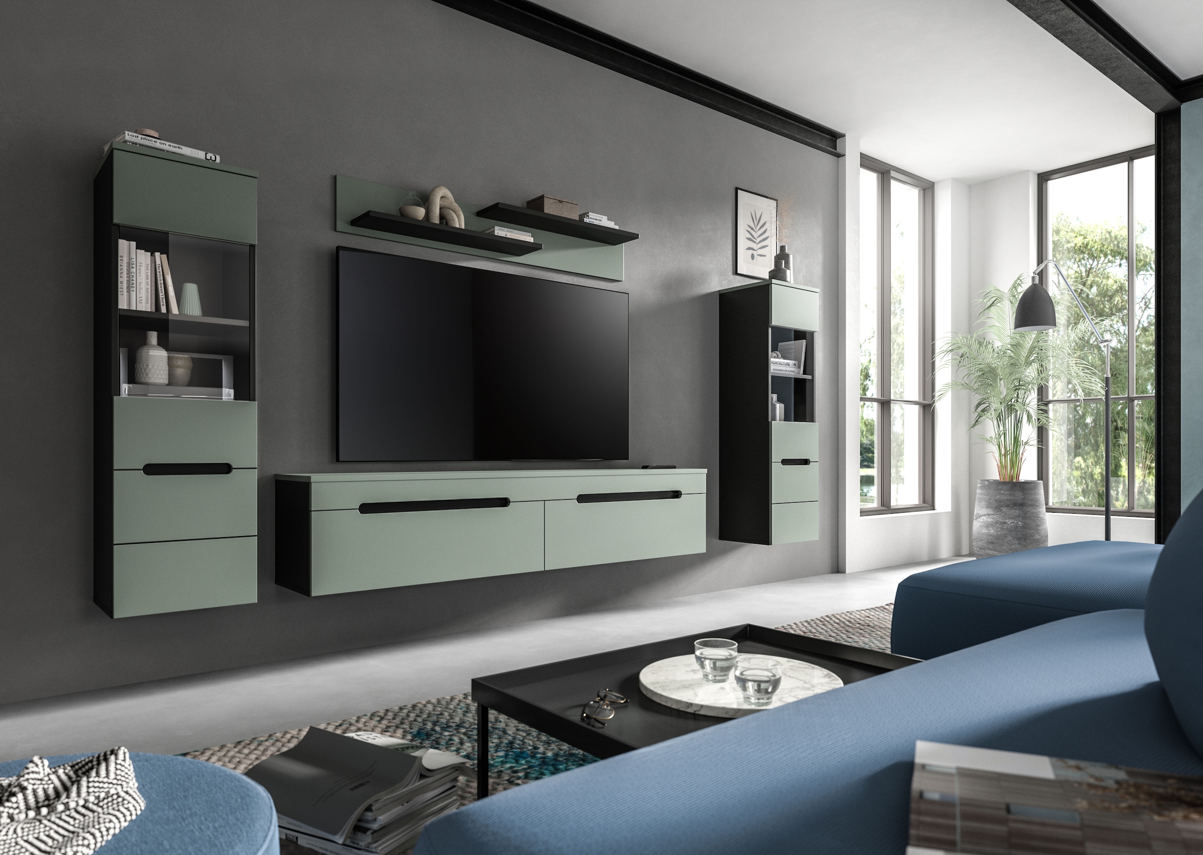 INOSIGN Wohnwand »REHAT, TOPSELLER!, 4-teilig, wahlweise stehend und hängend montierbar«, (3 St., Set bestehend aus: 2x Vitrine, Lowboard und Wandboard), Kombination, Anbauwand, Set, Wohn-Set, Wohnzimmer-Set, Schrankwand