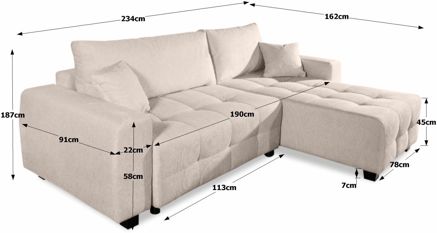 OTTO home Ecksofa »Bella Couch L-Form, B: 234 cm, Zierkissen inklusive« optional Schlaffunktion & Bettkasten, Wohnkomfort