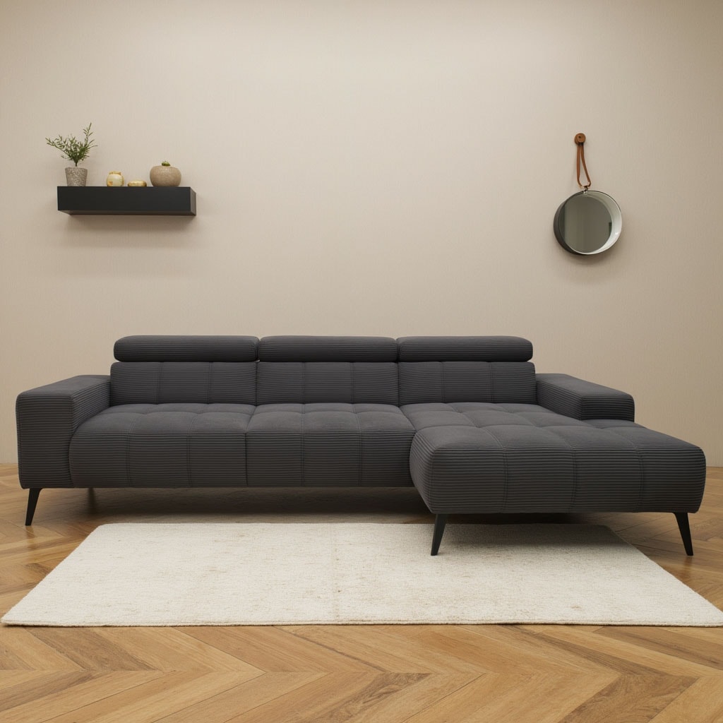 DOMO collection Ecksofa "Trento L-Form, mit Kufenfuß oder Einzelfuß" whlw. verstellbare Kopfteile, passend für gängige Saugroboter