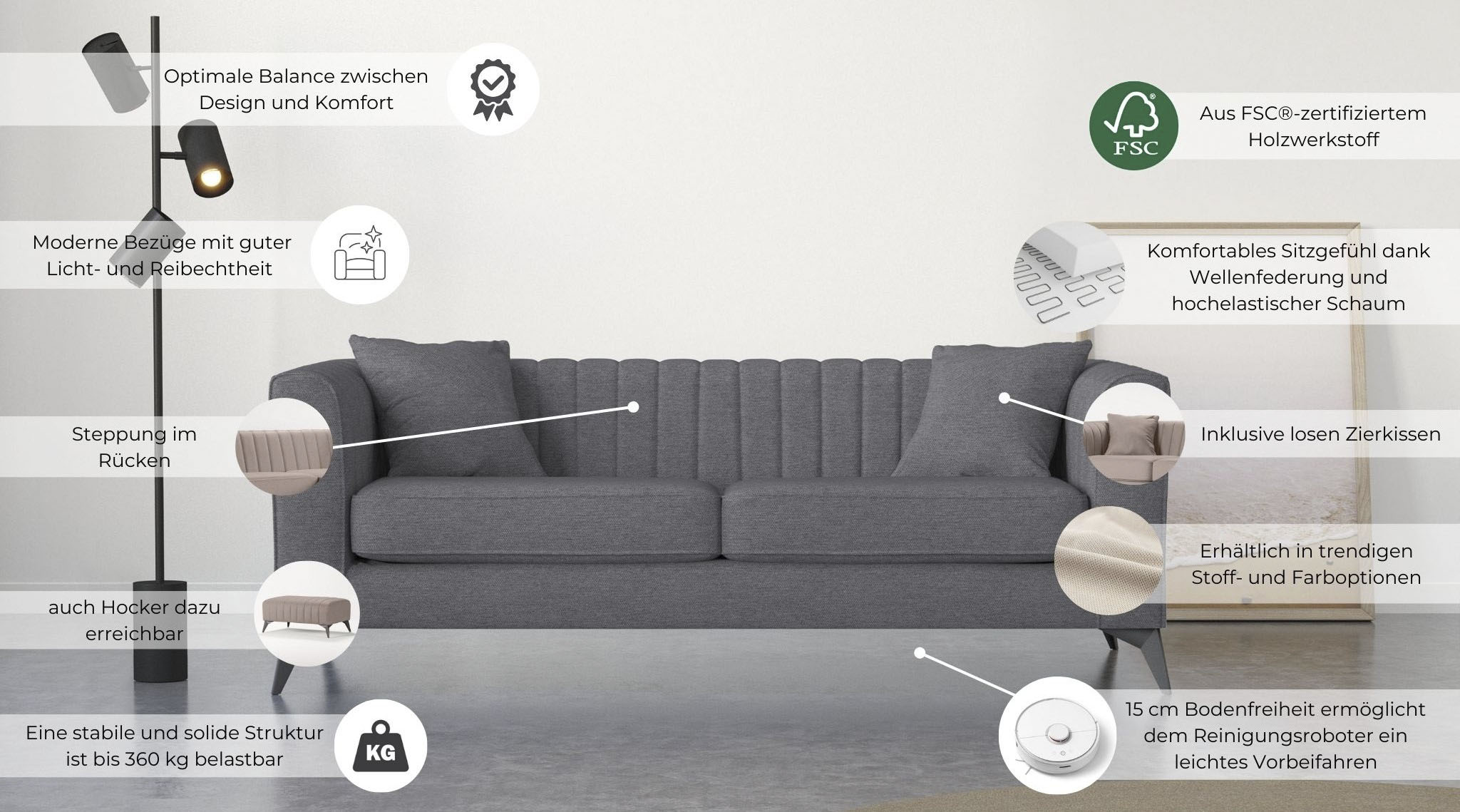Thumbnail - Places of Style 3-Sitzer "MATTHEW elegantes Designsofa, Maße B/T/H: 201/86/74 cm", feine Steppung im Rückenbereich, lose...