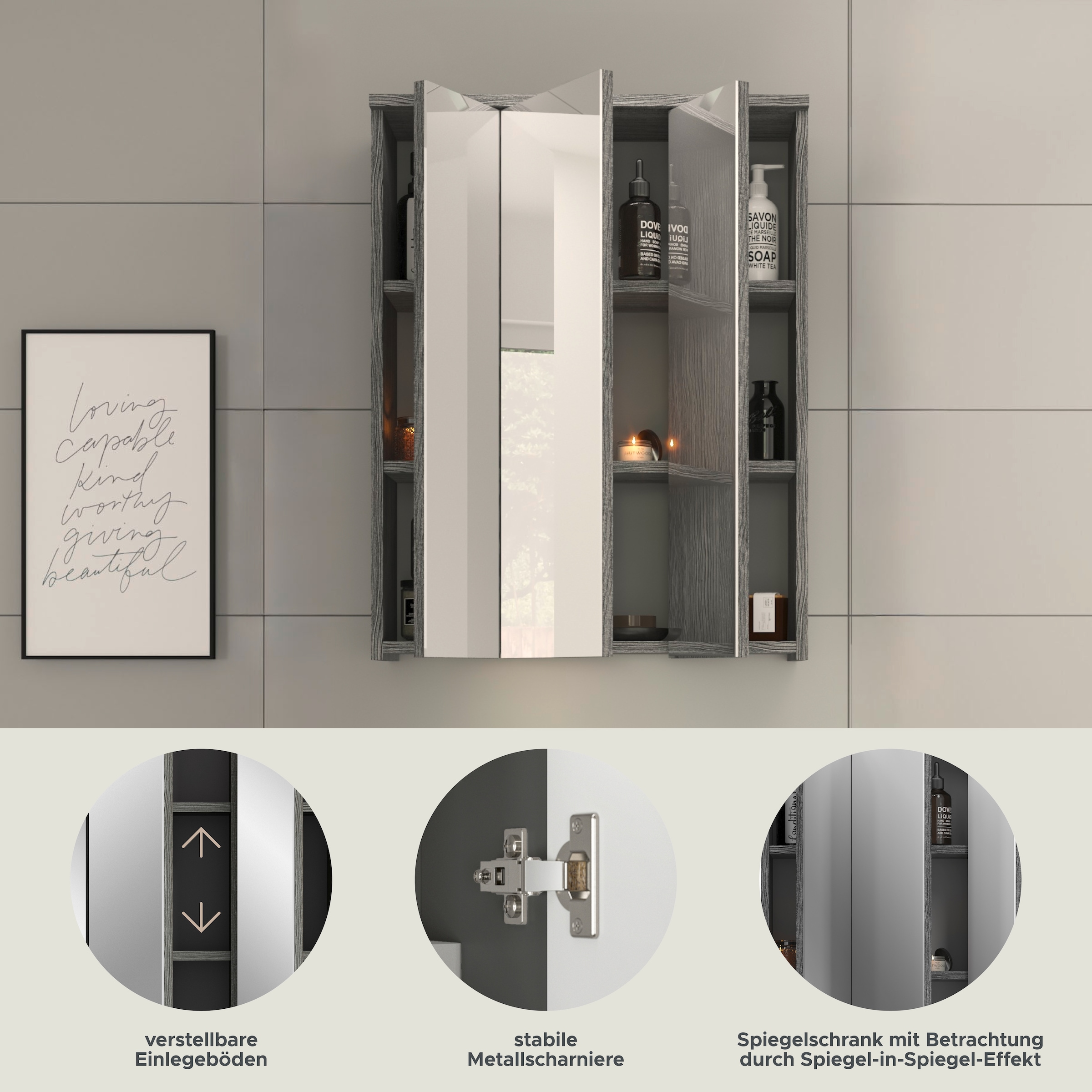 welltime Badezimmerspiegelschrank »LUCCA, TOPSELLER!, Breite 60cm, 3 Spiegeltüren, 9 Fächer, 6 Fachböden«, Badmöbel, Badschrank, Schrank, Wandschrank, Bad, Badezimmer