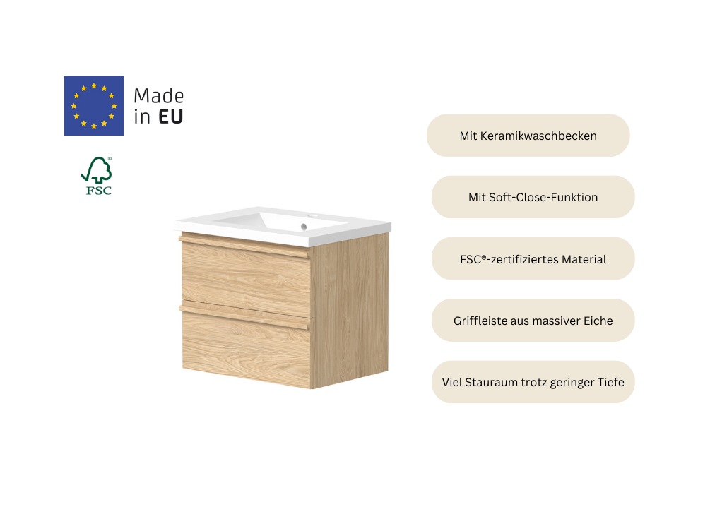 welltime Waschtisch »Only inklusive Waschbecken, Schubladen mit Vollauszug«, Badmöbel in verschiedenen Breiten, mit Soft-Close Funktion, FSC®