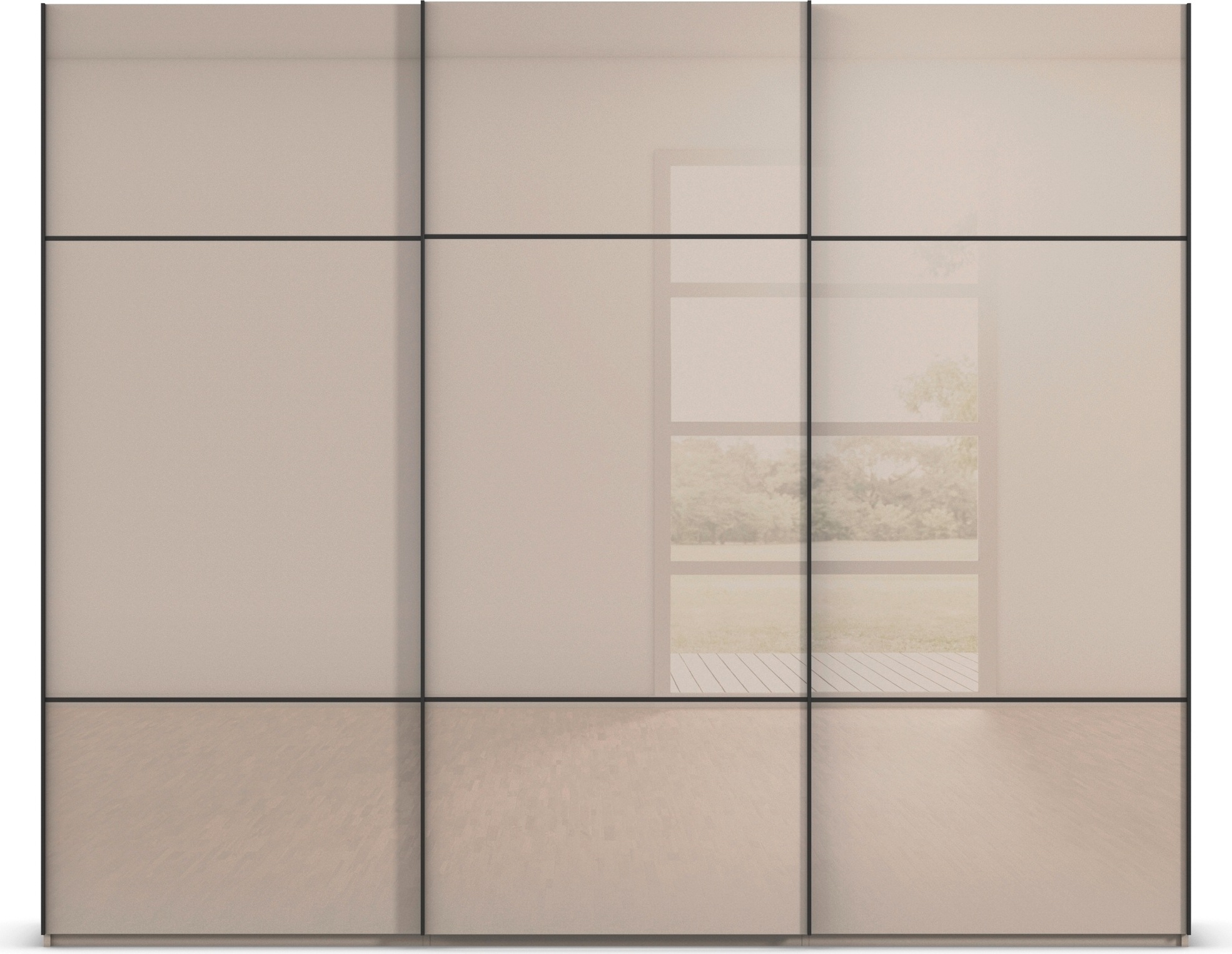 rauch Schwebetürenschrank »Kleiderschrank Schrank Garderobe Schlafzimmerschrank SCALE-TRIO«, edle dreigeteilte Front mit 2 Zierleisten Glasfront MADE IN GERMANY
