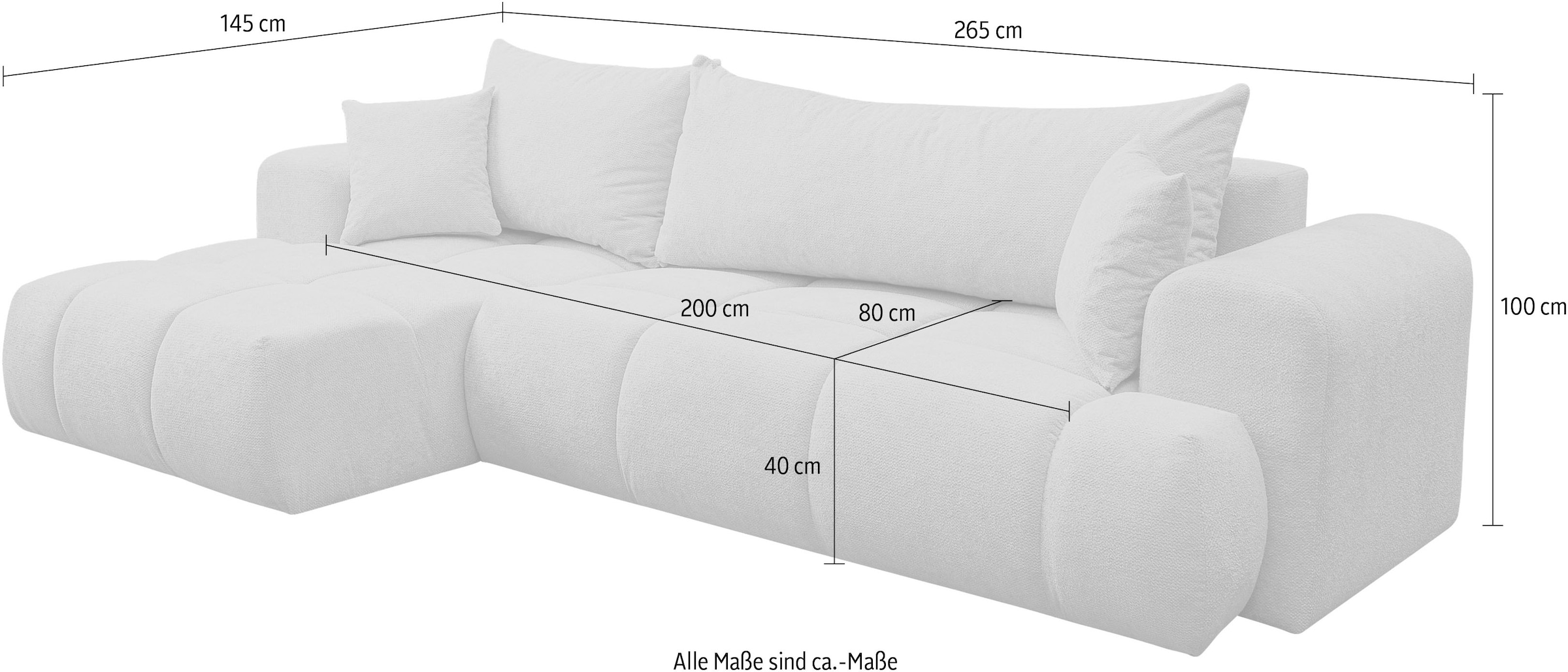 WERK2 Ecksofa »Ewela-Bubble, inkl. Bettfunktion & Bettkasten, bequem, Breite 265cm« moderner Boucle Bezug, Liegefläche 200/140cm