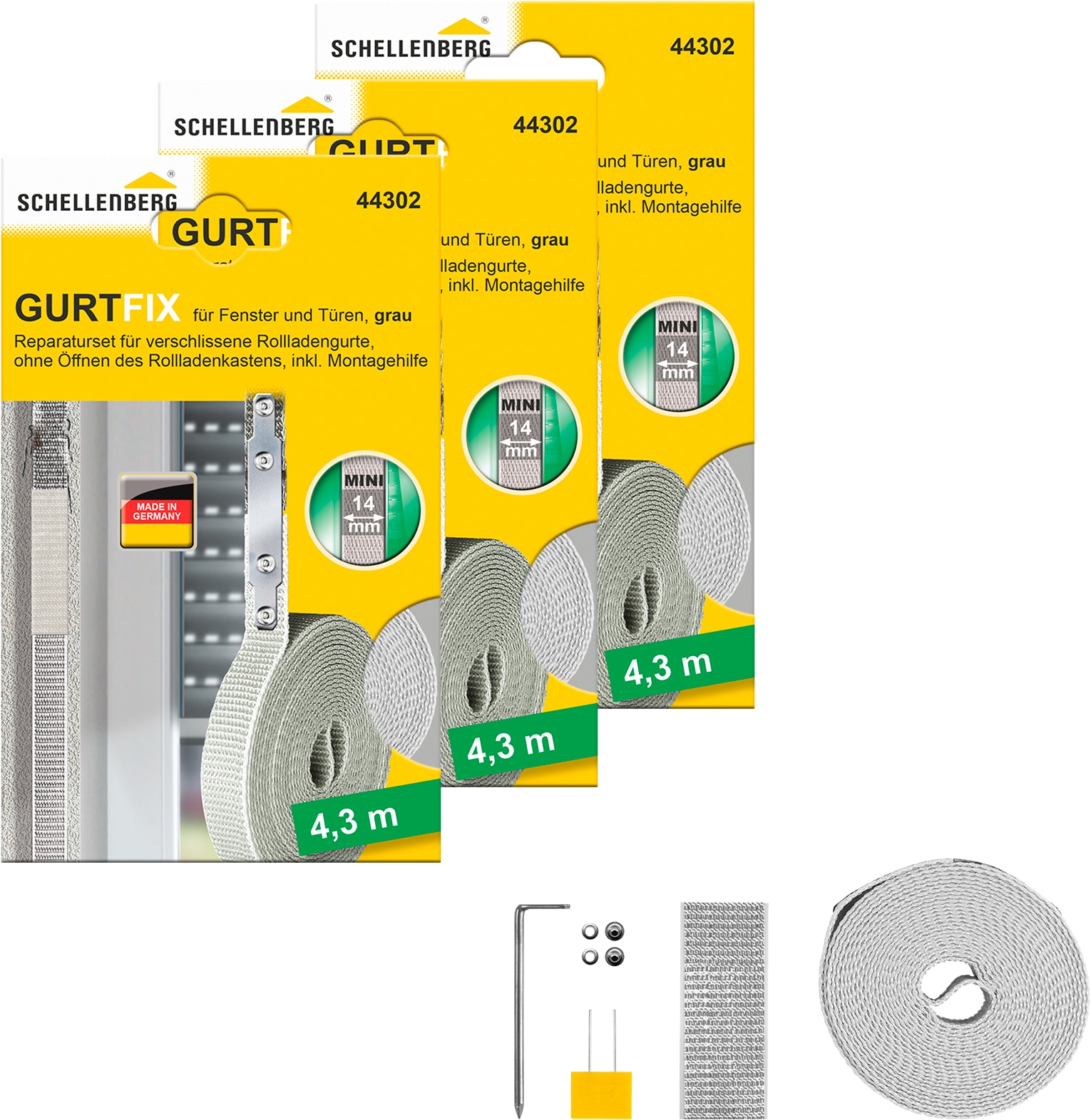 SCHELLENBERG Reparatur-Set "Rollladen Gurtfix für das Rollladensystem Mini" Set, 3 Stk. tlg. für alte Gurtbänder in unterschiedlichen Farben, 14 mm x 4,3 m