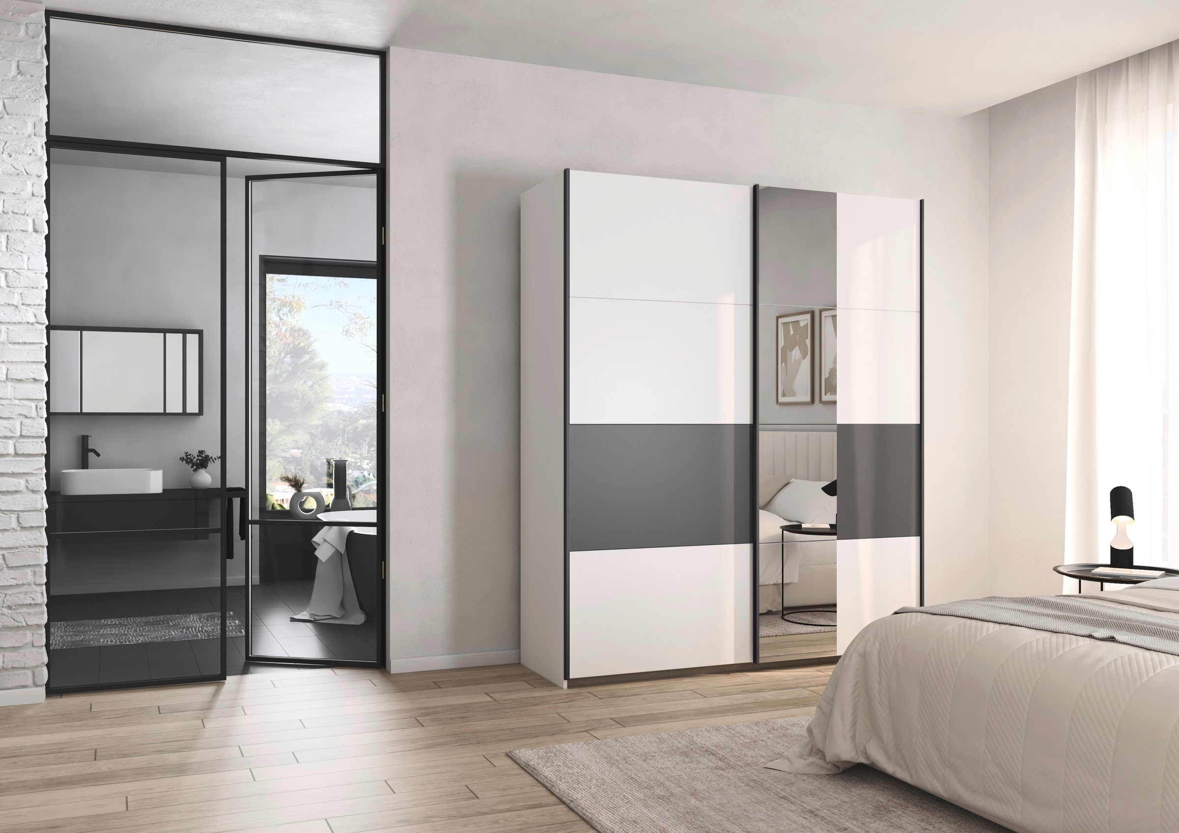 rauch Schwebetürenschrank »Kleiderschrank Schrank Garderobe Schlafzimmerschrank OXFORD«, (in 3 verschiedenen Ausstattungen BASIC/CLASSIC/PREMIUM), mit Griffleisten aus Metall, auch für kleinere Räume MADE IN GERMANY