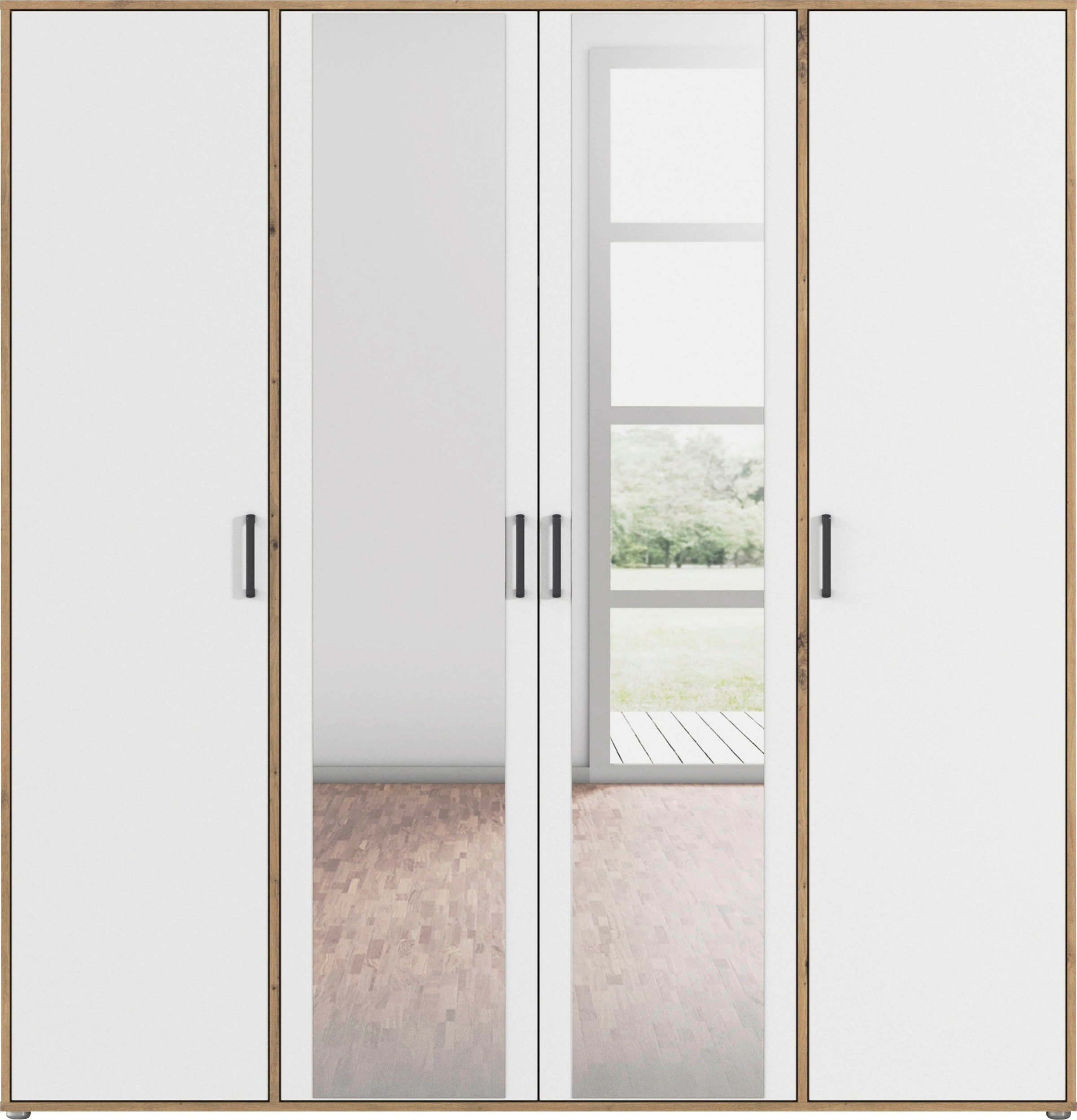 rauch Drehtürenschrank »Kleiderschrank Schrank Garderobe Wäscheschrank VOYAGER«, (in 3 verschiedenen Ausstattungen BASIC/CLASSIC/PREMIUM), mit modernen Griffen in Graumetallic und Spiegel