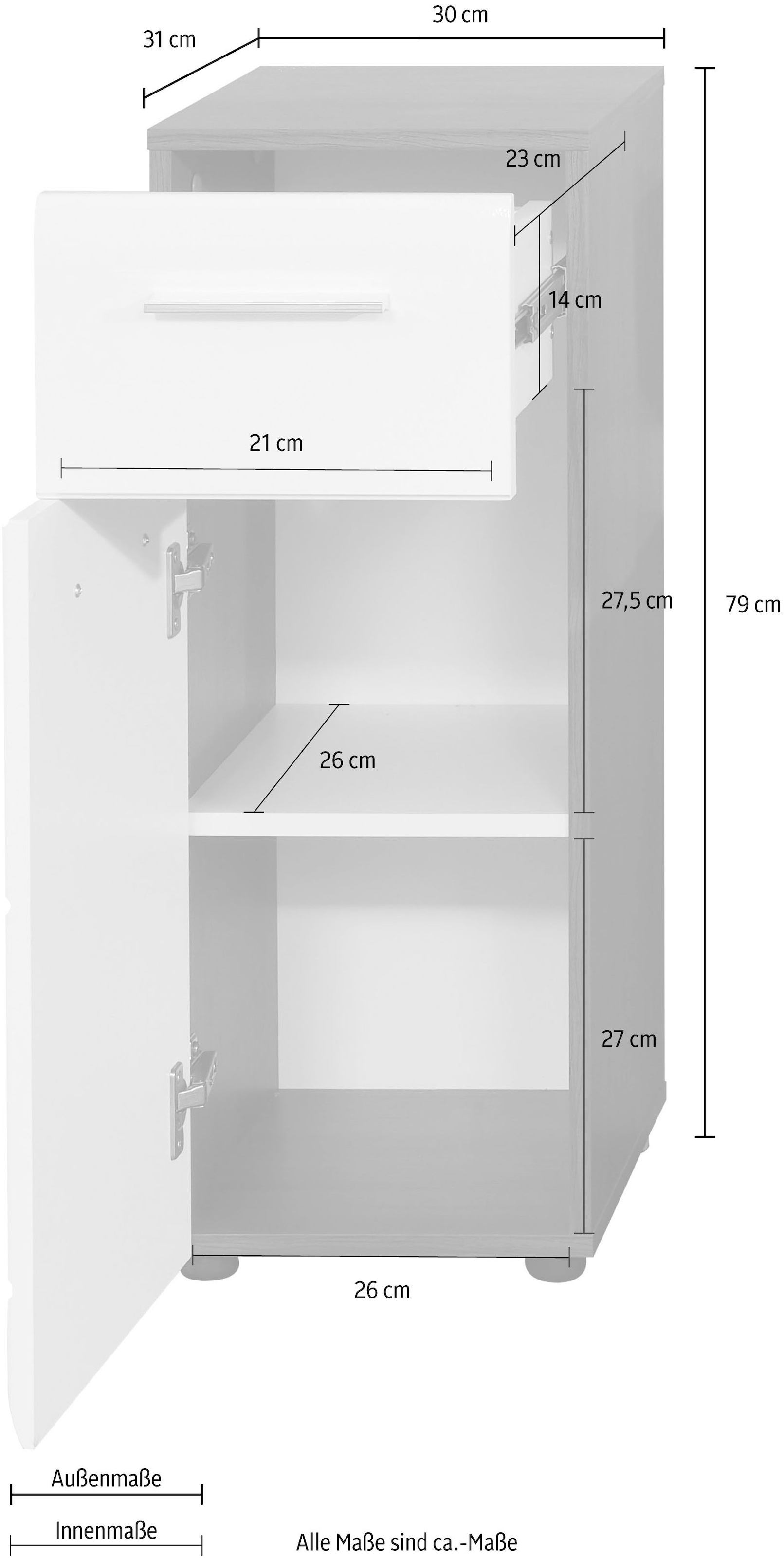 welltime Unterschrank »Sovana« Badkommode mit Hochglanzfront und 1 Schublade - (B/T/H) 30/31/80 cm