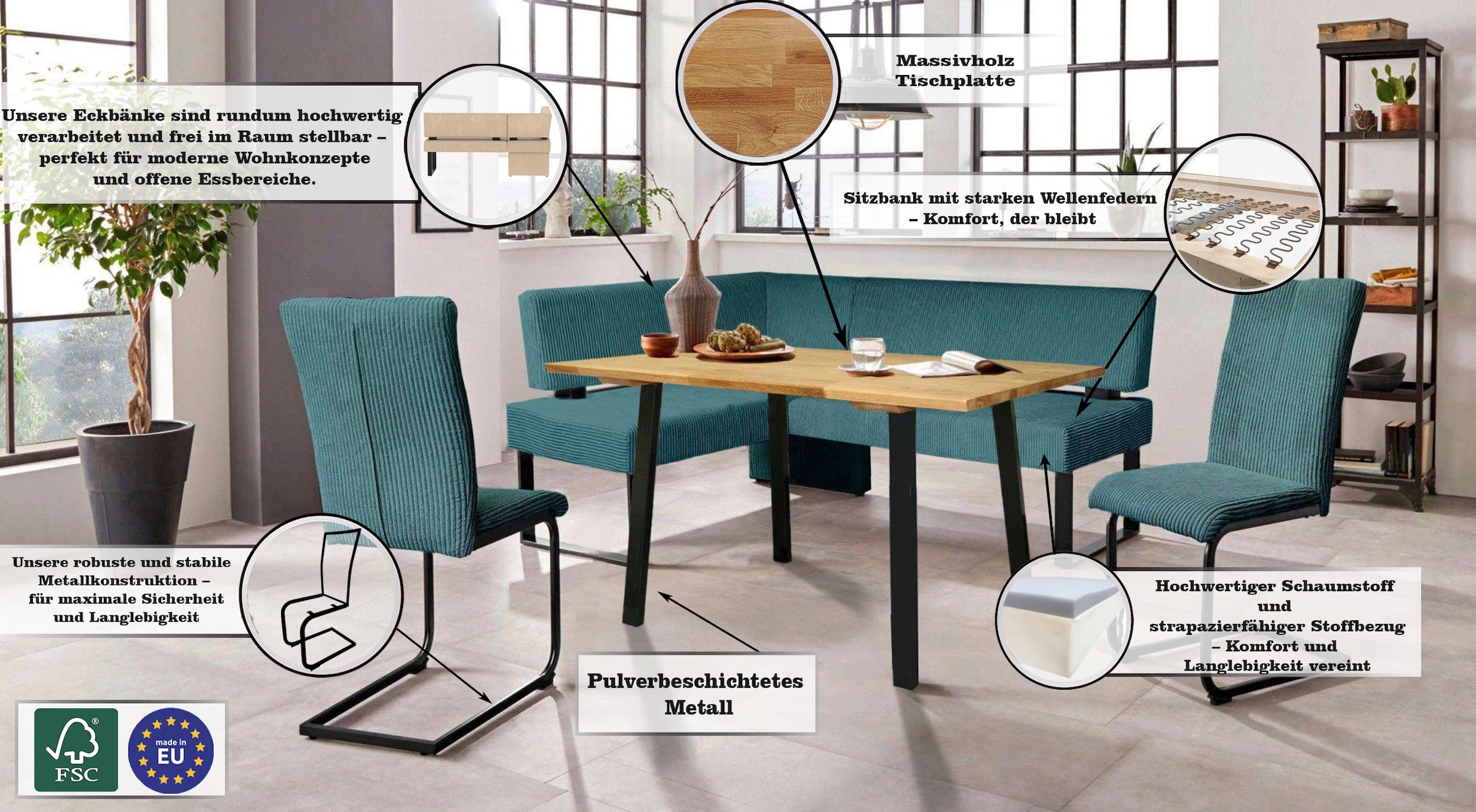 OTTO home Eckbankgruppe »Oliver« Set, 4-tlg, 4 Stk. tlg. Eckbank mit Wellenunterfederung im Sitz, Tisch Massiv Eiche