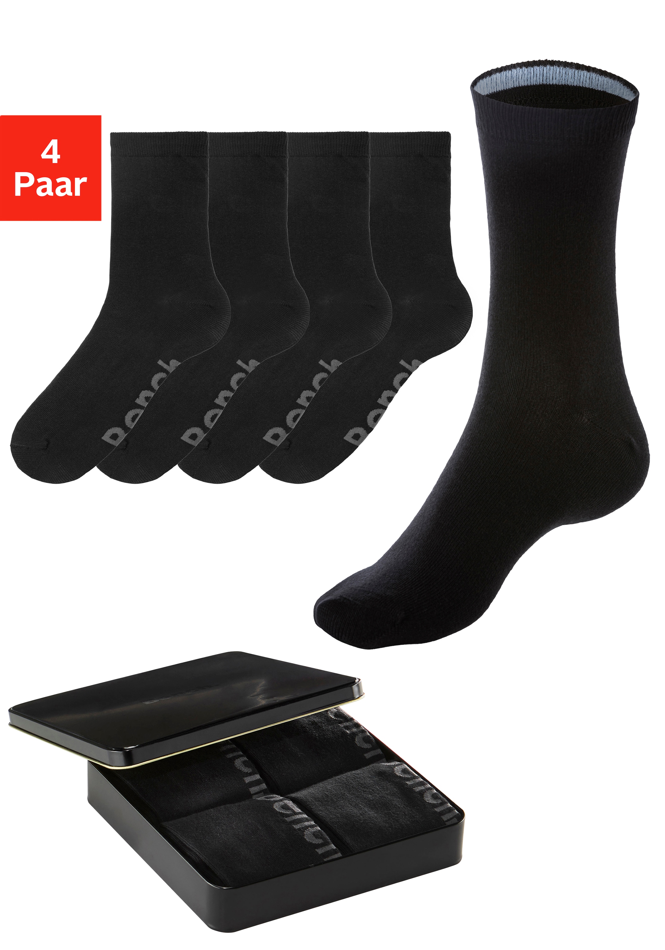 Bench. Basicsocken, (Dose, 4 Paar), mit farbigen Innenbündchen