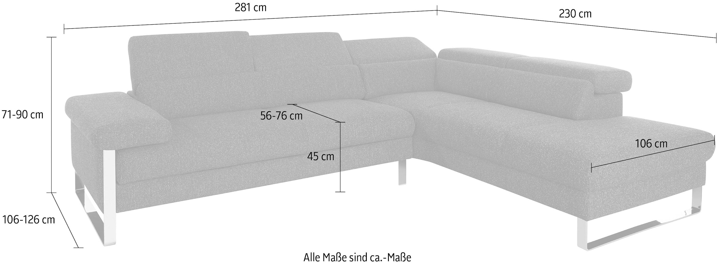 W.SCHILLIG Ecksofa »finn, Designsofa mit tollem Sitzkomfort, bequem, L-Form«, German Design Award 2016, Fußgestell Nussbaum natur, Breite 281 cm