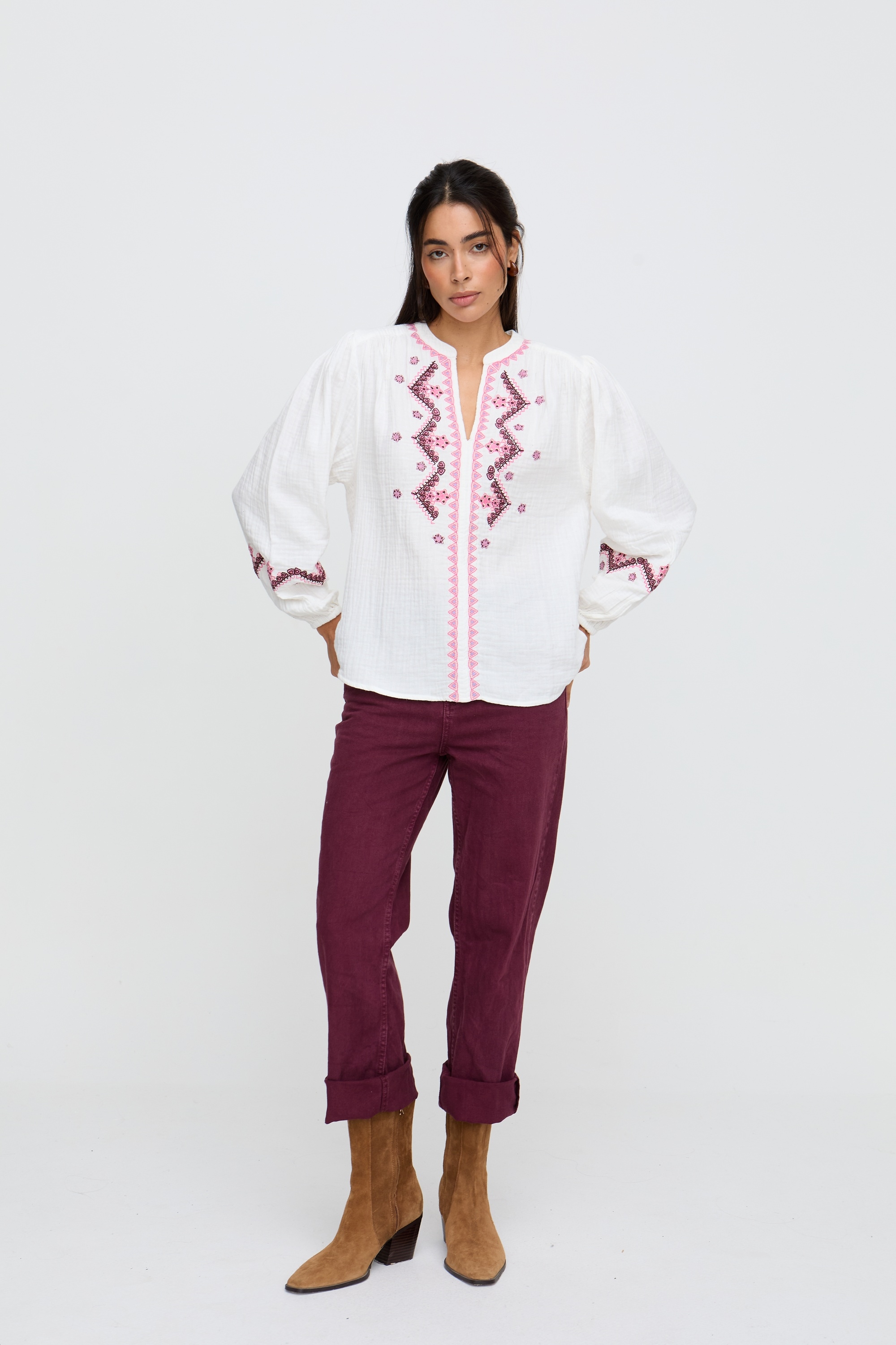 RAFFYA Hemdbluse »Dina V-Neck Embroidered Blouse Damen«