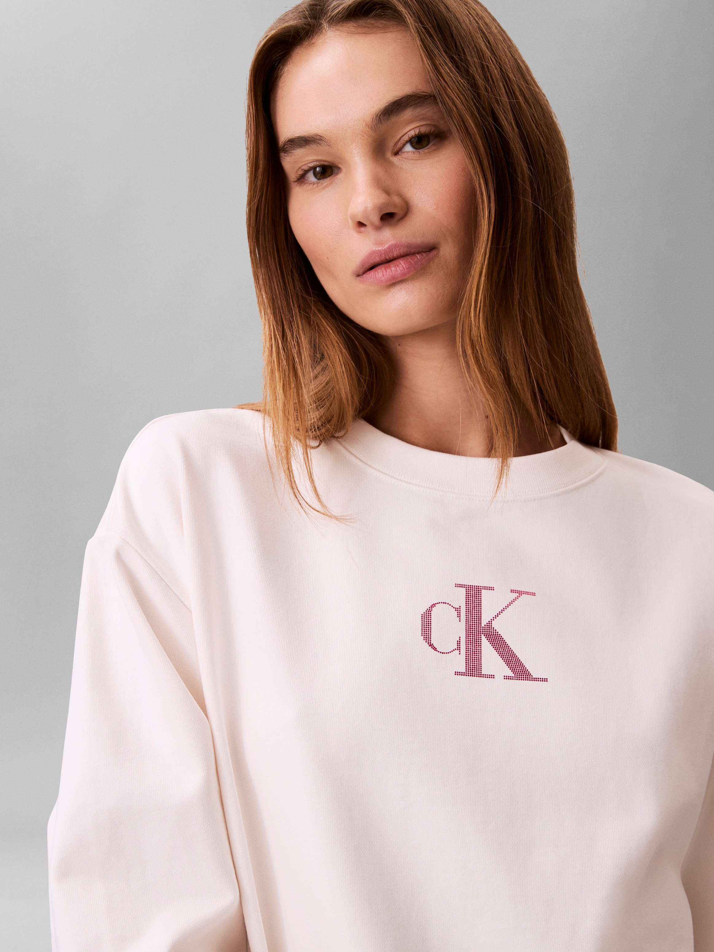 Sweatshirt CALVIN KLEIN JEANS, Damen, Gr. XL (44), weiß greige, Sweatware, Obermaterial: 86% Baumwolle, 14% Polyester, unifarben, regular fit kurz, Rundhals, eingesetzt Rippstrickbündchen, Sweatshirts Sweatshirt, Regular fit mit Rundhalsausschnitt 3