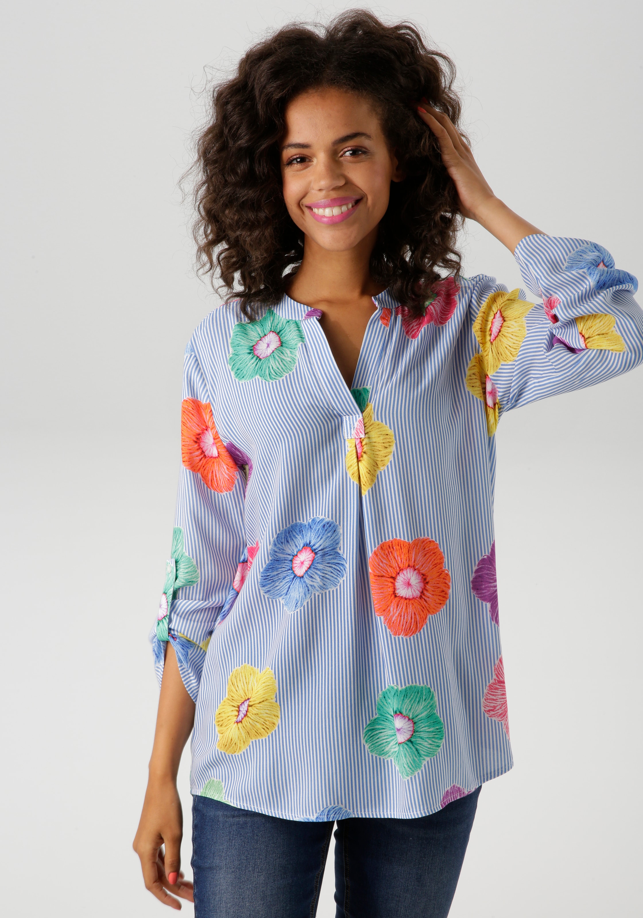 Aniston CASUAL Schlupfbluse, gestreift und mit bunten Blüten verziert günstig online kaufen