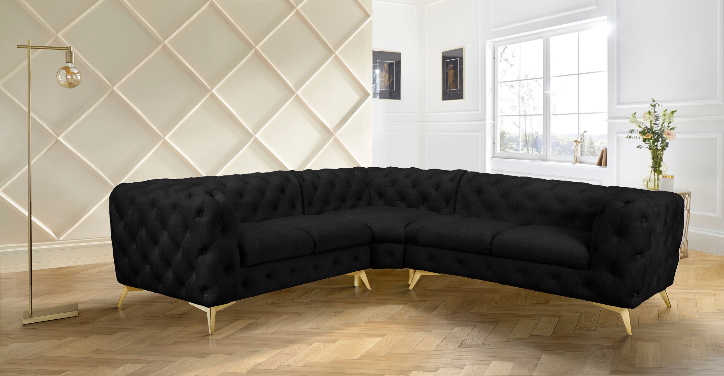 Leonique Chesterfield-Sofa »Ecksofa GLYNIS L-Form mit Wellenunterfederung, Maße B/T/H 264/264/75cm«, aufwändige Knopfheftung, moderne Chesterfield Optik, Fußfarbe wählbar