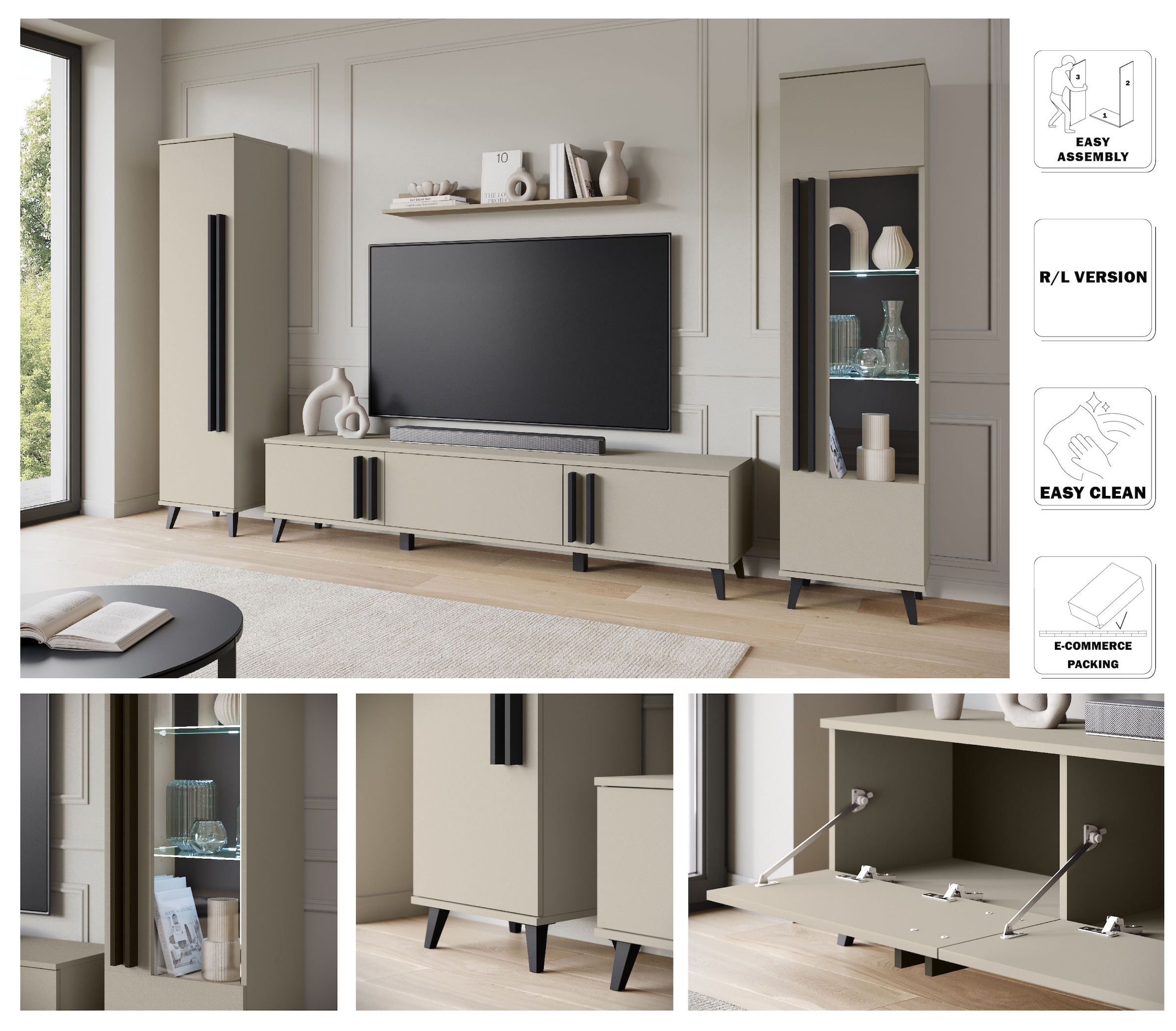 INOSIGN Wohnwand »Helsinki, Modernes Set mit verglaster Vitrine«, (Komplett-Set, 4 St.), mit lamellengriffen, verstellbaren Einlegeböden und Kunststofffüßen