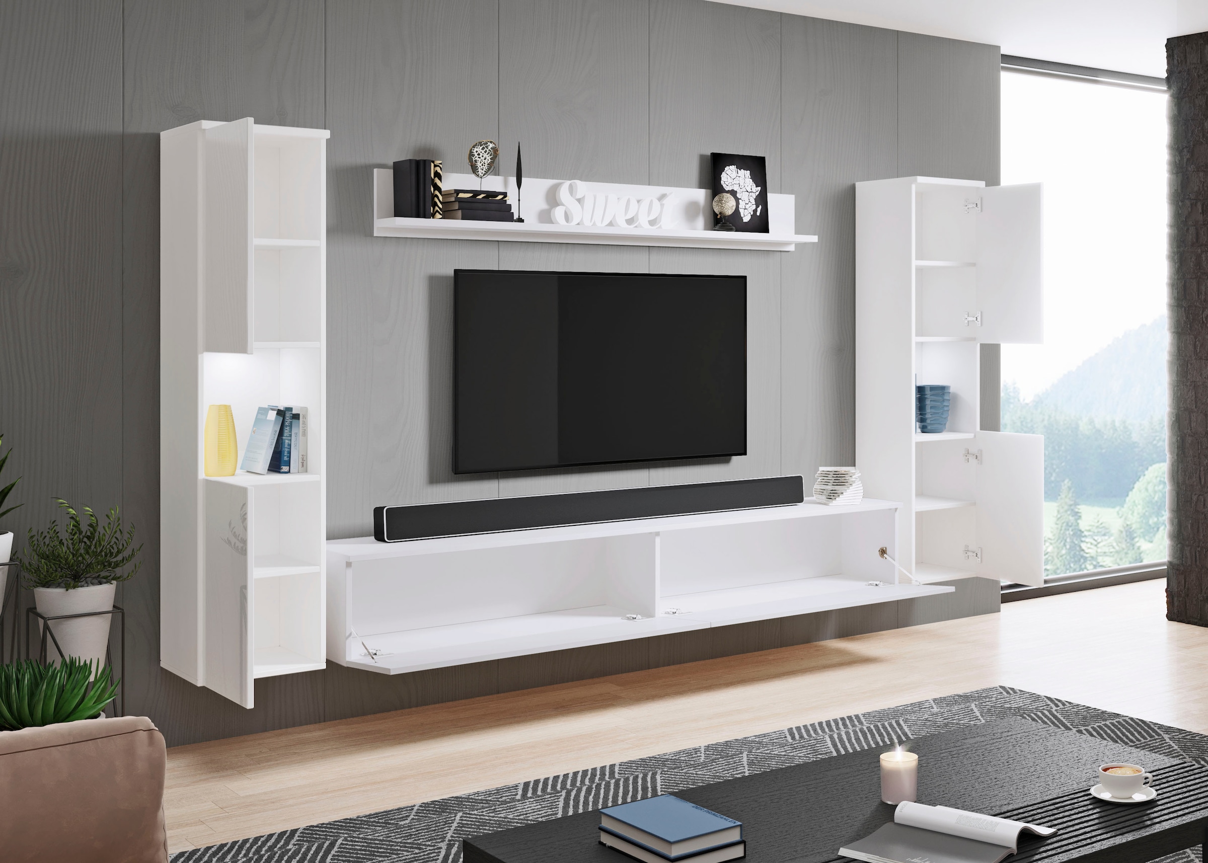 INOSIGN Wohnwand »PARIS, Vitrine Türanschlag links/rechts wechselbar«, (Komplett-Set, 4 St.), grifflose Design, stehend und hängend montierbar