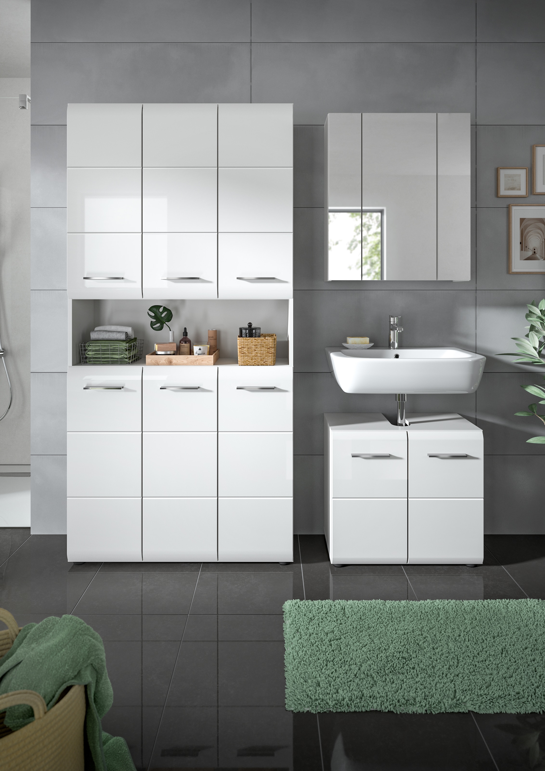INOSIGN Badezimmer-Set, (Set, 4 St.), Florenz, Badkombination 3-tlg., Weiß hochglanz, Mehrzweckschrank