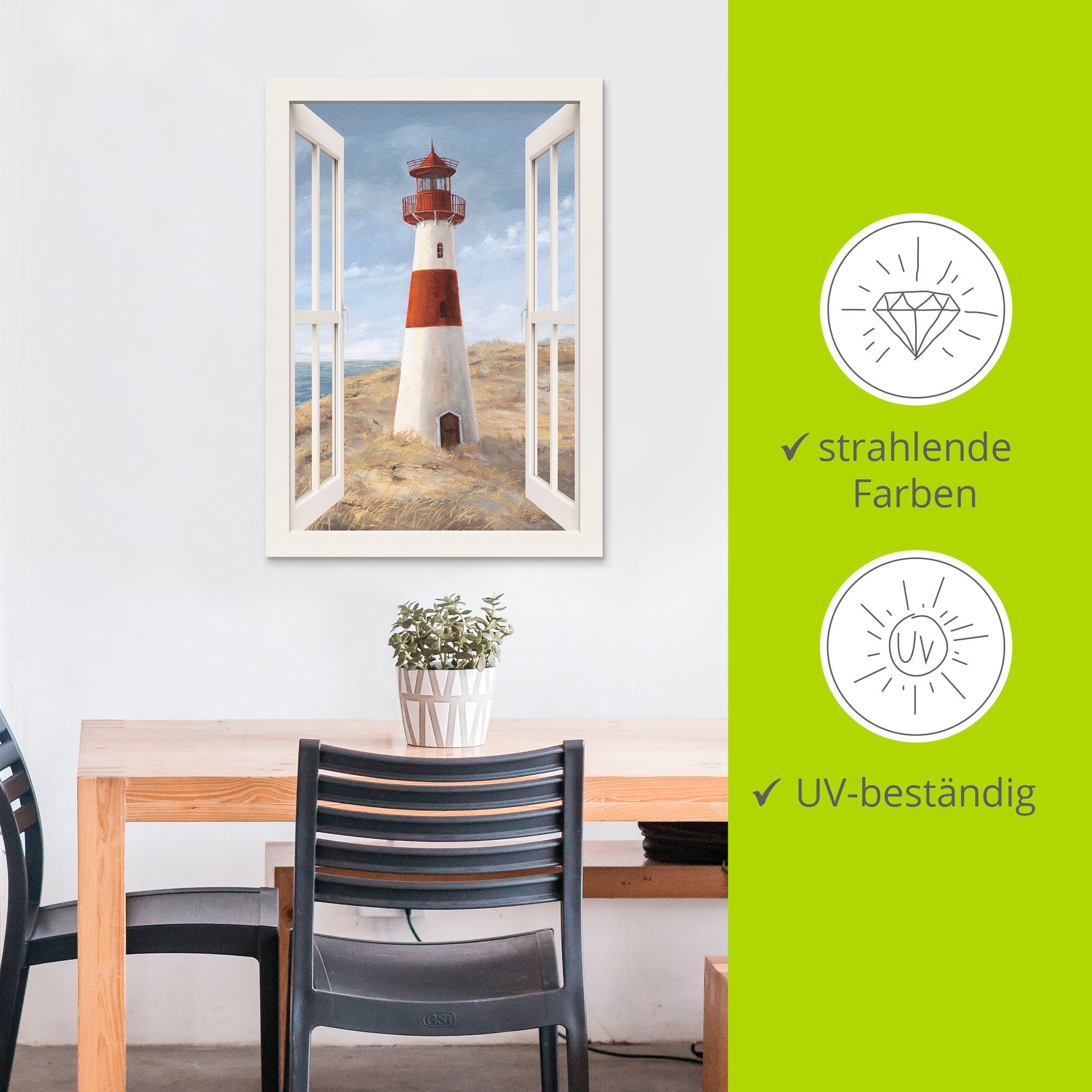 Artland Wandbild »Leuchtturm I Fensterblick«, Gebäude, (1 St.), als Alubild, Outdoorbild, Leinwandbild, Poster in verschied. Größen