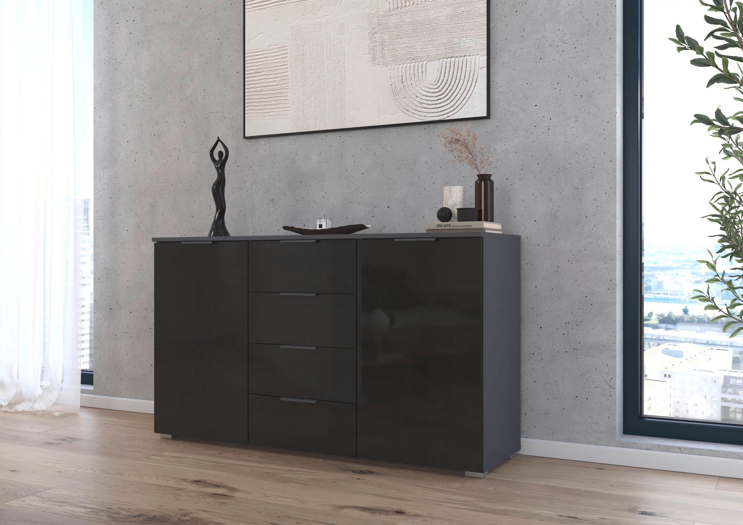 rauch Kombikommode »Sideboard Schubladenkommode AGORDO mit Dekor- oder Hochglanzfront«, (in zwei Griff-Farben), mit 4 Schubkästen und 2 Türen sowie Metallgriffen MADE IN GERMANY