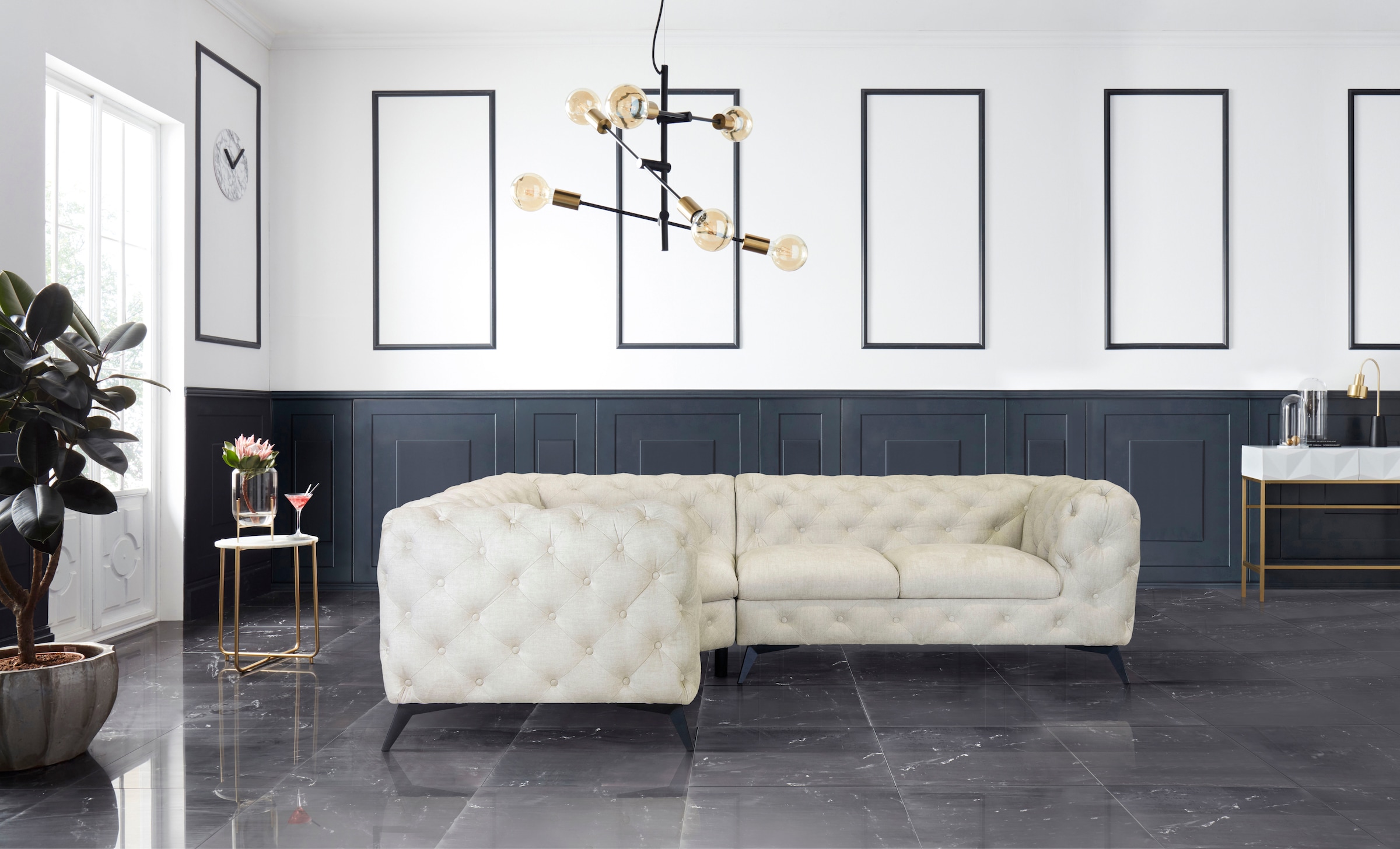 Leonique Chesterfield-Sofa »Ecksofa GLYNIS L-Form mit Wellenunterfederung, Maße B/T/H 264/204/75cm«, aufwändige Knopfheftung, moderne Chesterfield Optik, Fußfarbe wählbar