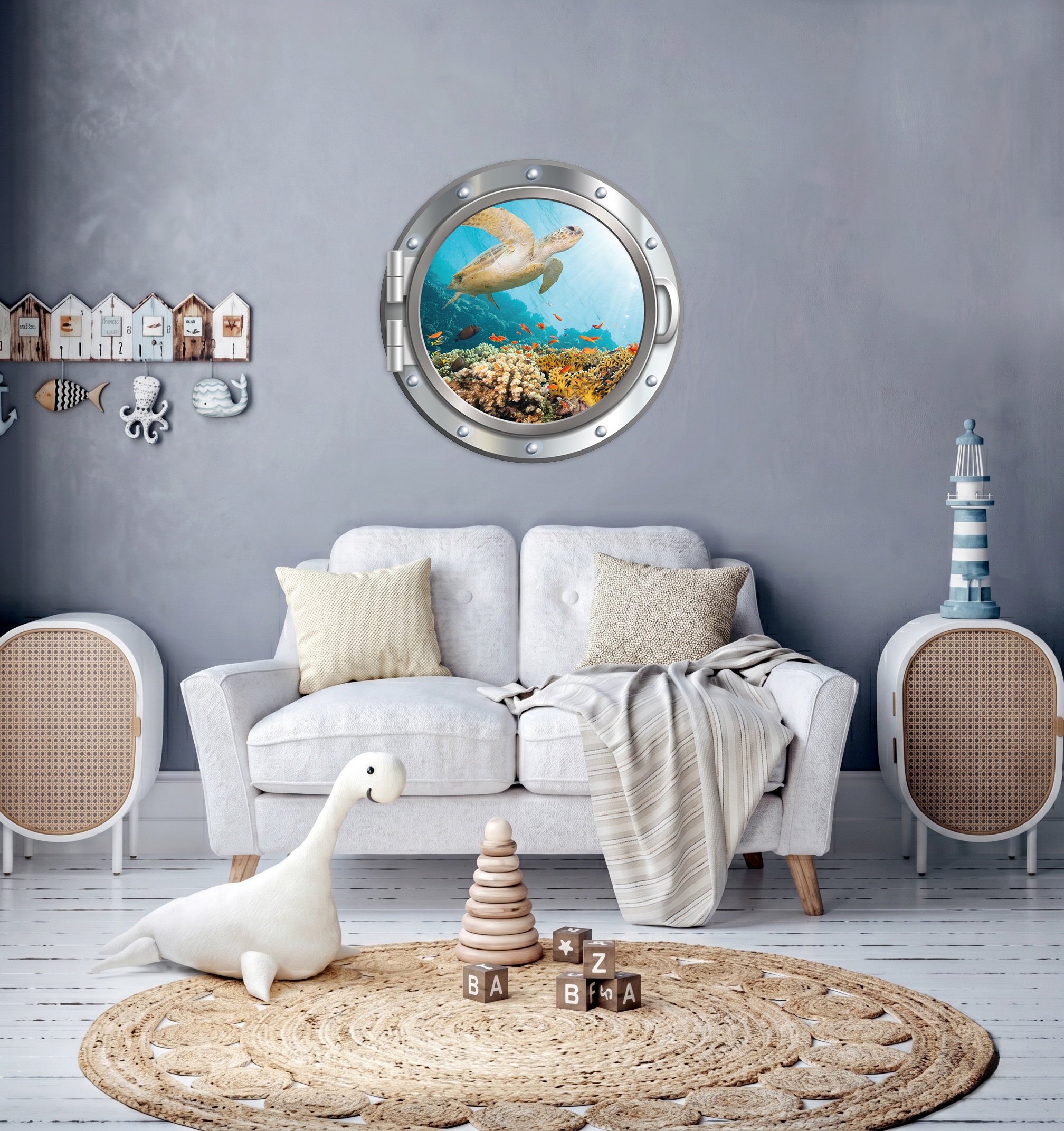 queence Wandsticker »3D Bullauge Illusion Unterwasserwelt Schildkröte 40x40 cm« Selbstklebender Wanddurchbruch Unterwasser