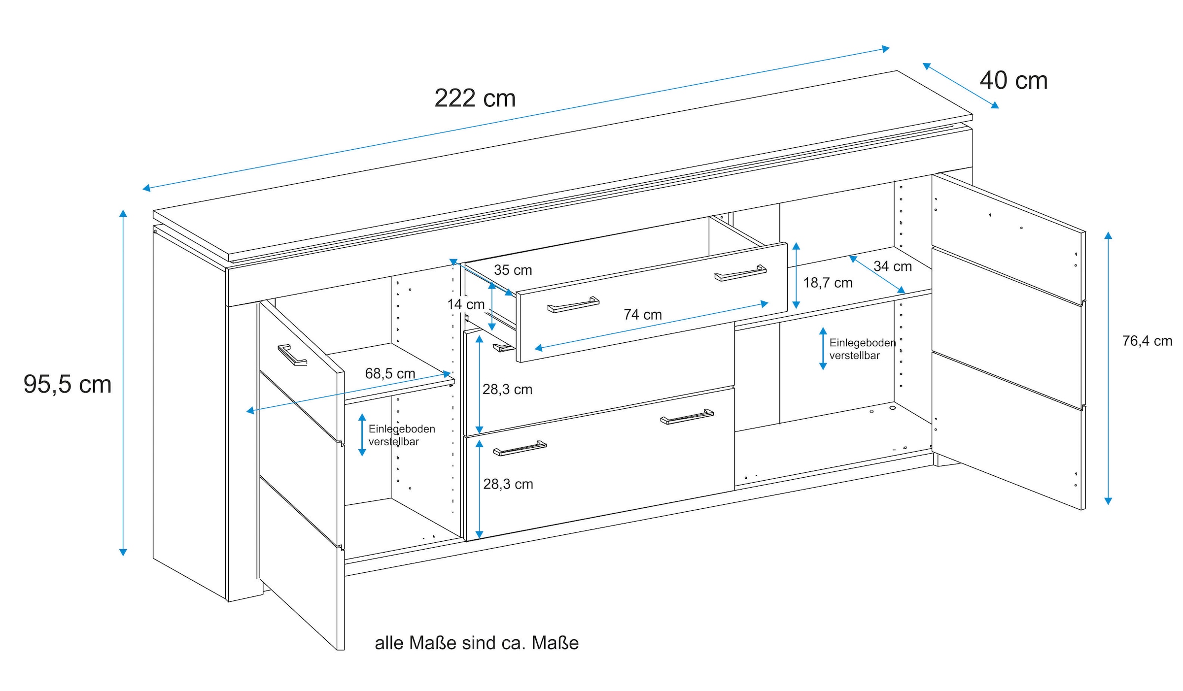 VOGL Möbelfabrik Sideboard, Breite 222 cm