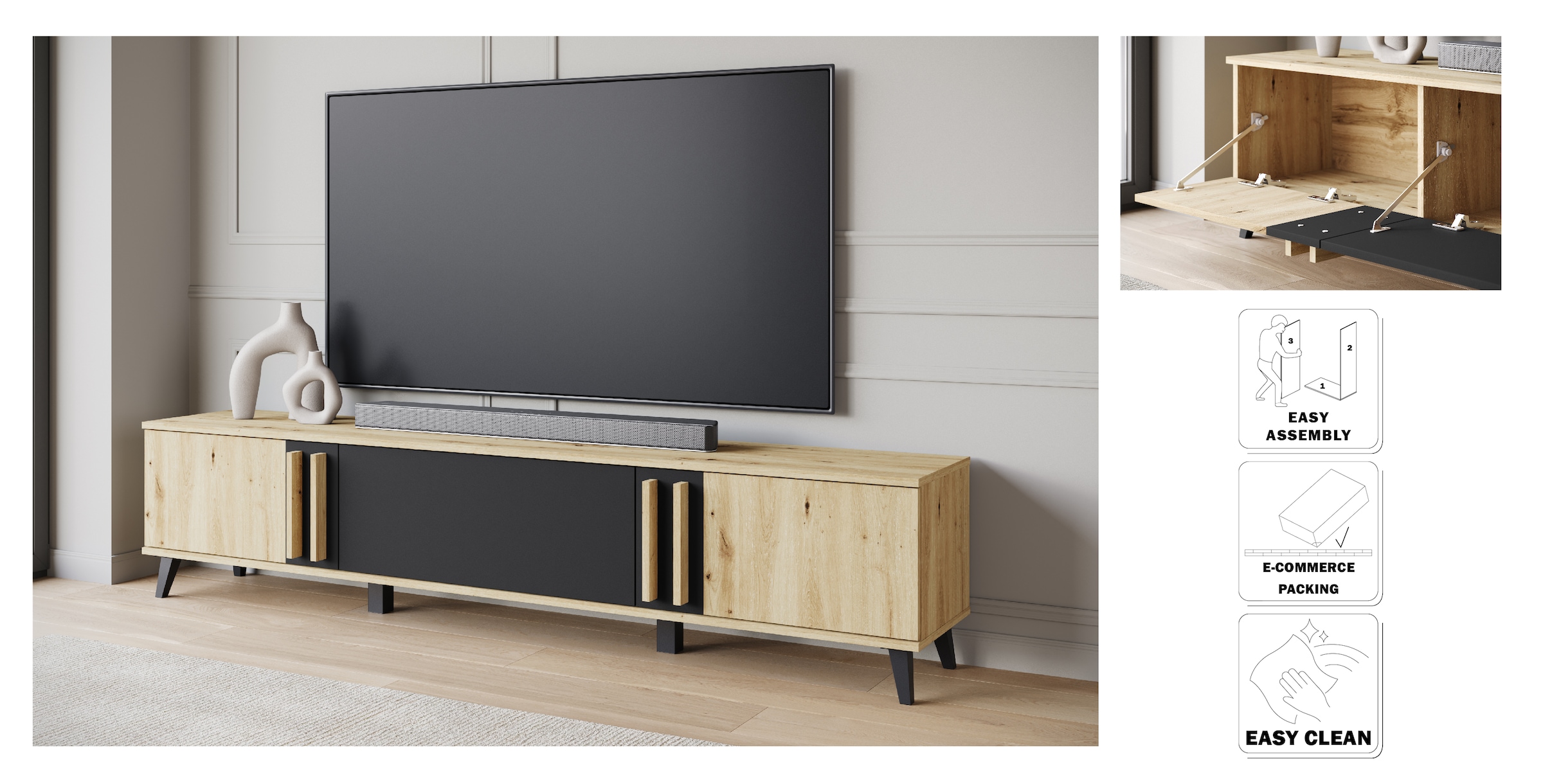 INOSIGN Lowboard »Helsinki, TV-Kommode Breite 180cm«, (1 St.), modernes Design, 3 Klapptüren