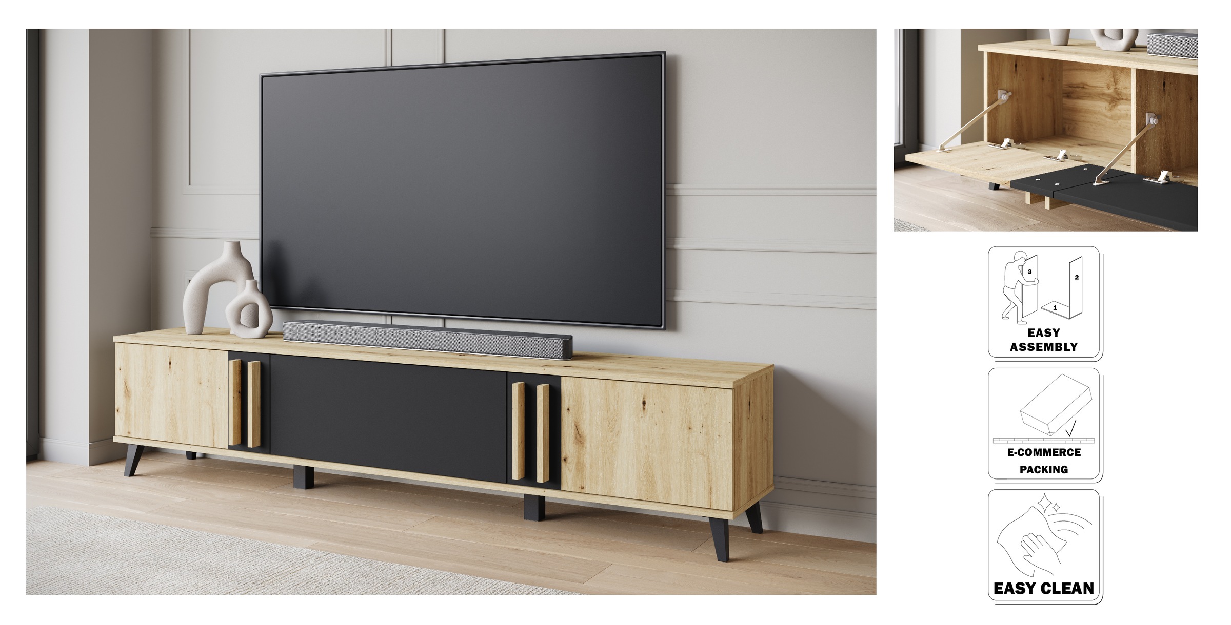 Thumbnail - Home affaire Lowboard "Helsinki, TV-Kommode Breite 180cm" 1 Stk. tlg. modernes Design, 3 Klapptüren