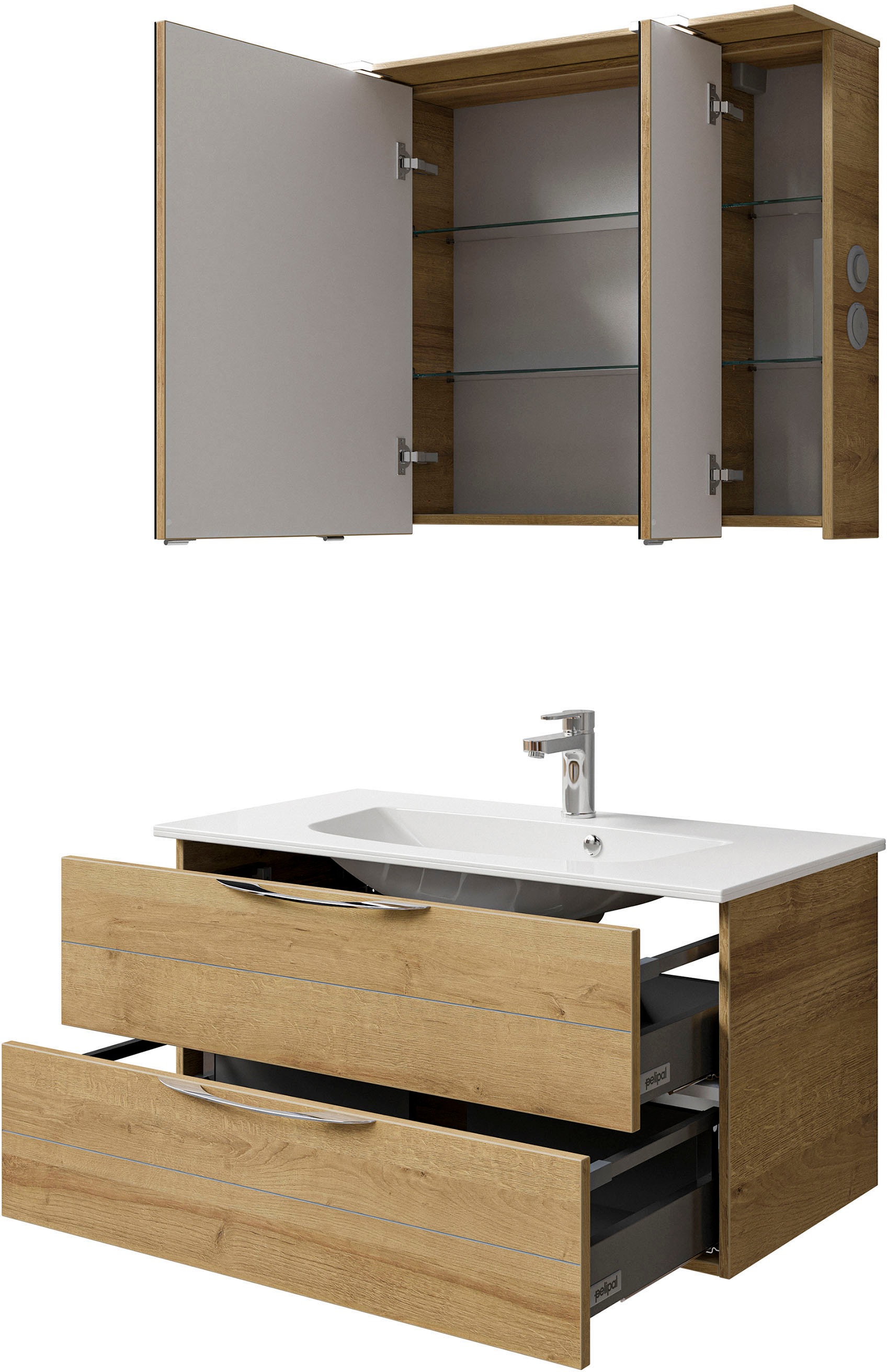 Saphir Badmöbel-Set »Serie 6025 2-teilig Mineralmarmor-Waschtisch mit LED-Spiegelschrank«, (2 St.), Waschplatz 97 cm breit, 2 Schubladen, 3 Spiegel-Türen, inkl Türdämpfer