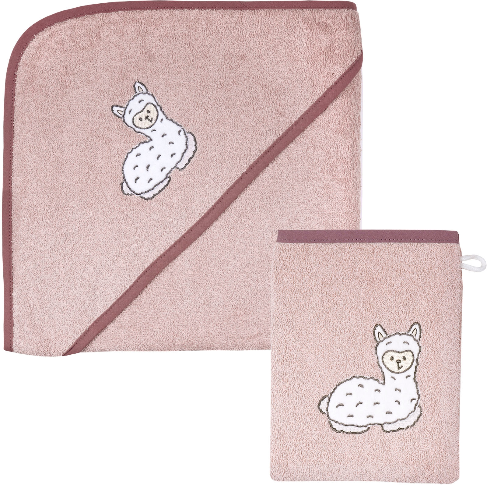 Handtuch Set WÖRNER, rosa, Frottier, Obermaterial: 100% Baumwolle, Handtücher, "Lama rosa Kapuzenbadetuch 100/100 mit Waschhandschuh", mit süßer
