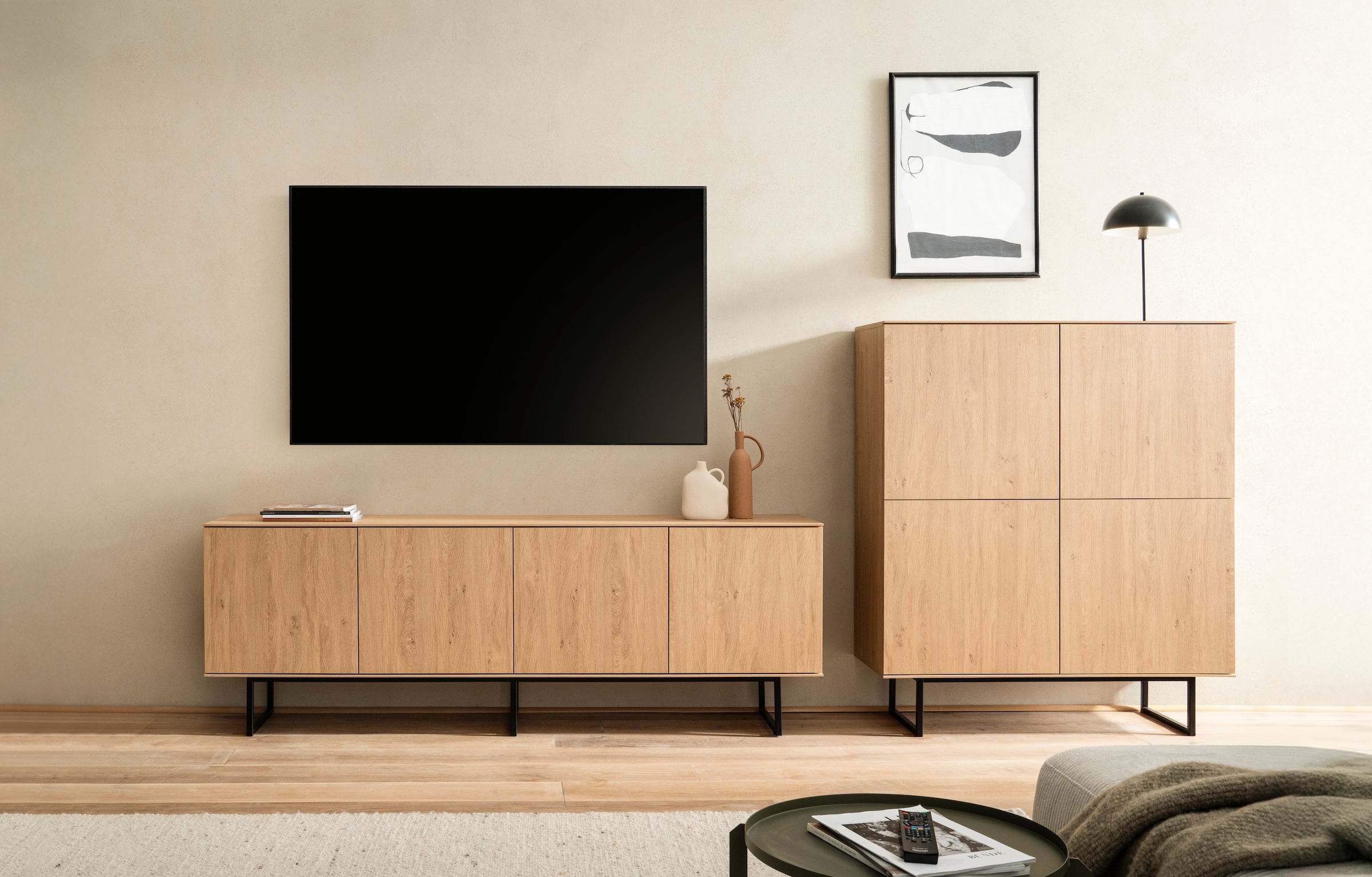 Home affaire Wohnwand »Lund, moderne Anbauwand, Wohnzimmer-Set in Stone Oak«, (2 St.), enthält Lowboard und Highboard