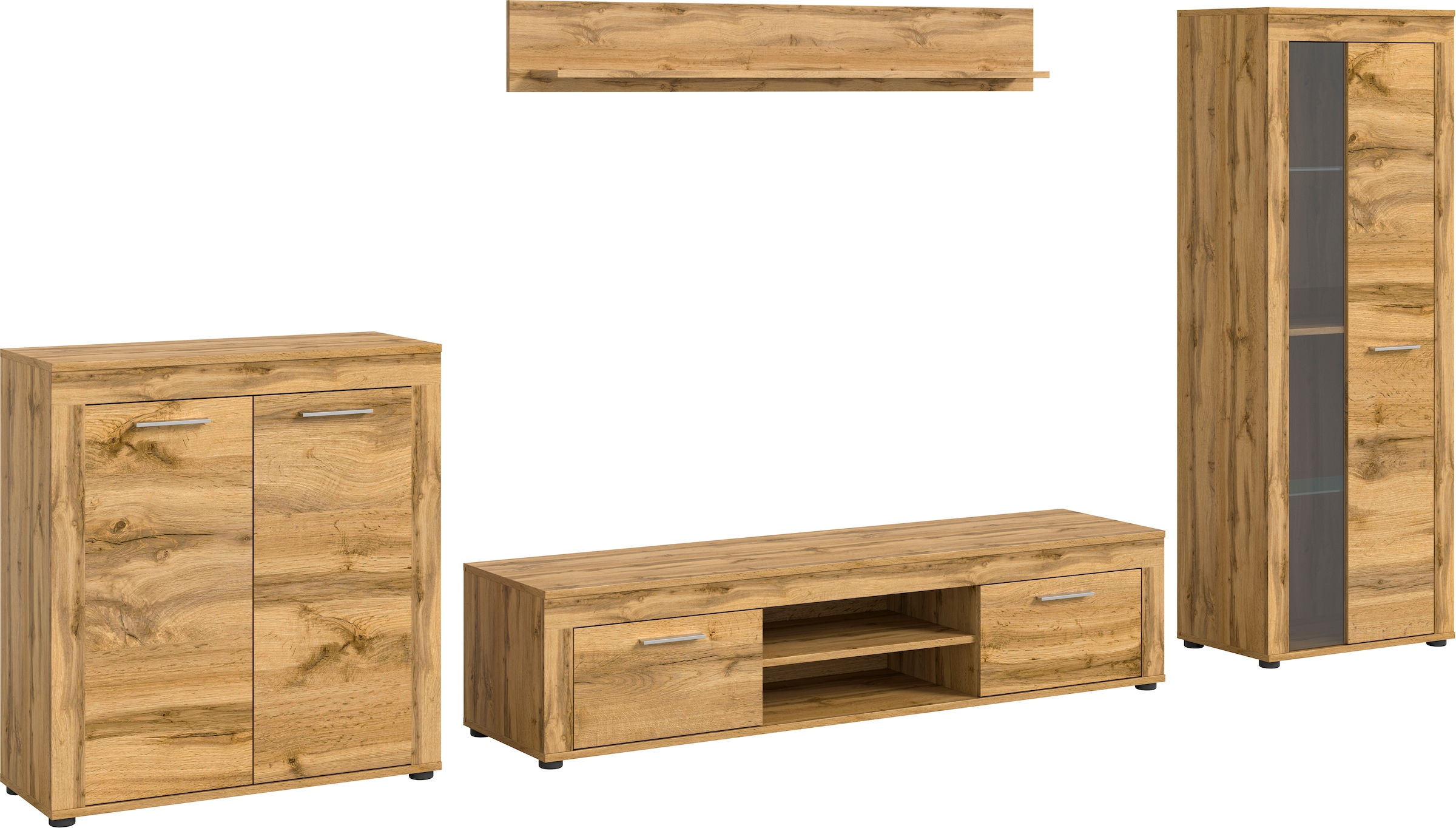 INOSIGN Wohnwand »Aosta, Breite 330cm, best. aus Highboard, Lowboard, Wandboard, Vitrine«, (4 St.), Wohnwand, Kombination, Anbauwand, Möbel Set, Schrankwand, Möbel Kombi