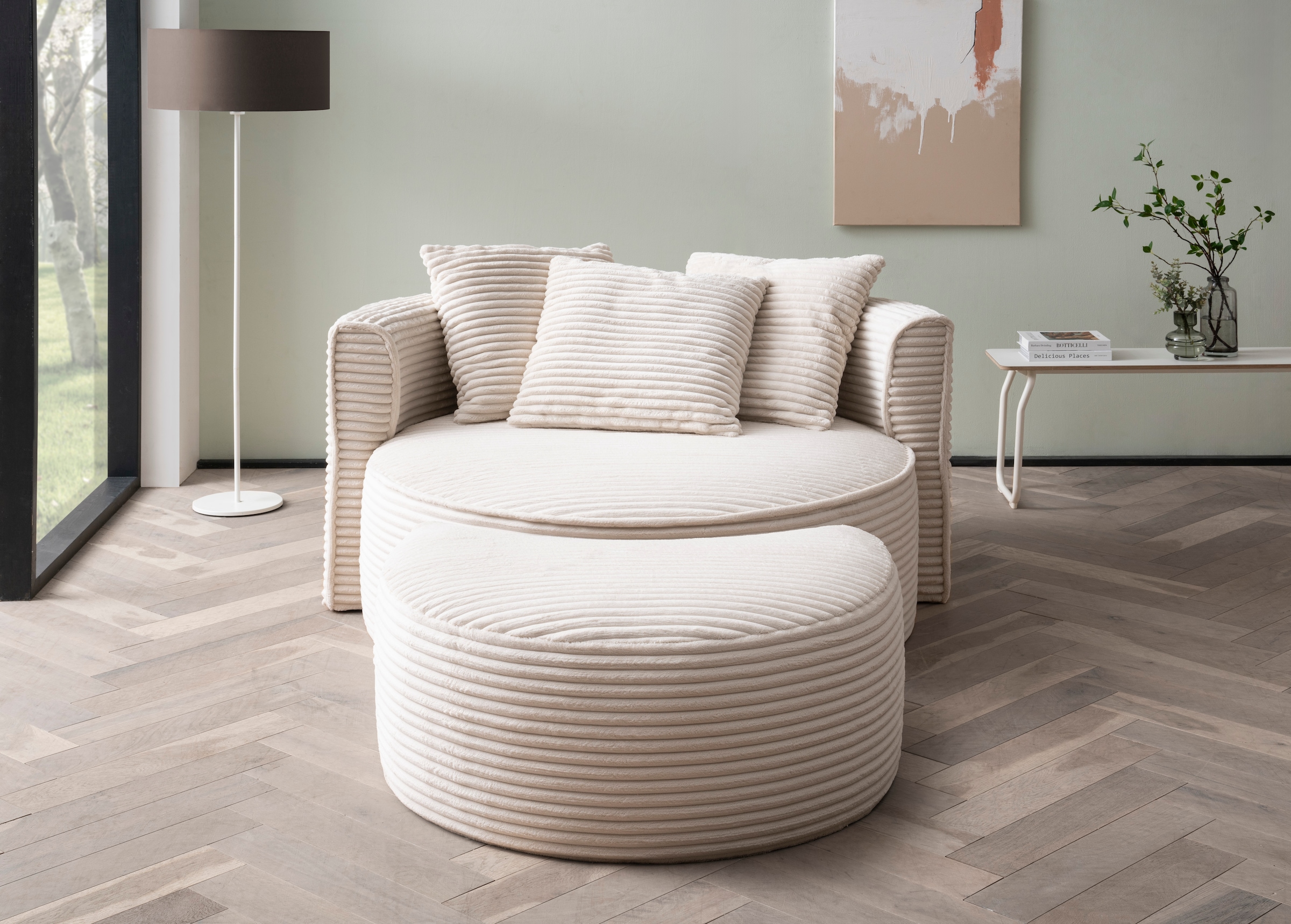 LeGer Home by Lena Gercke XXL-Sessel »Isalie, Rundsessel mit Hocker, Lesesessel, Loveseat, Big-Sessel«, (Set), trendige Stoffe, mit 3 Zierkissen, große Sitzfläche