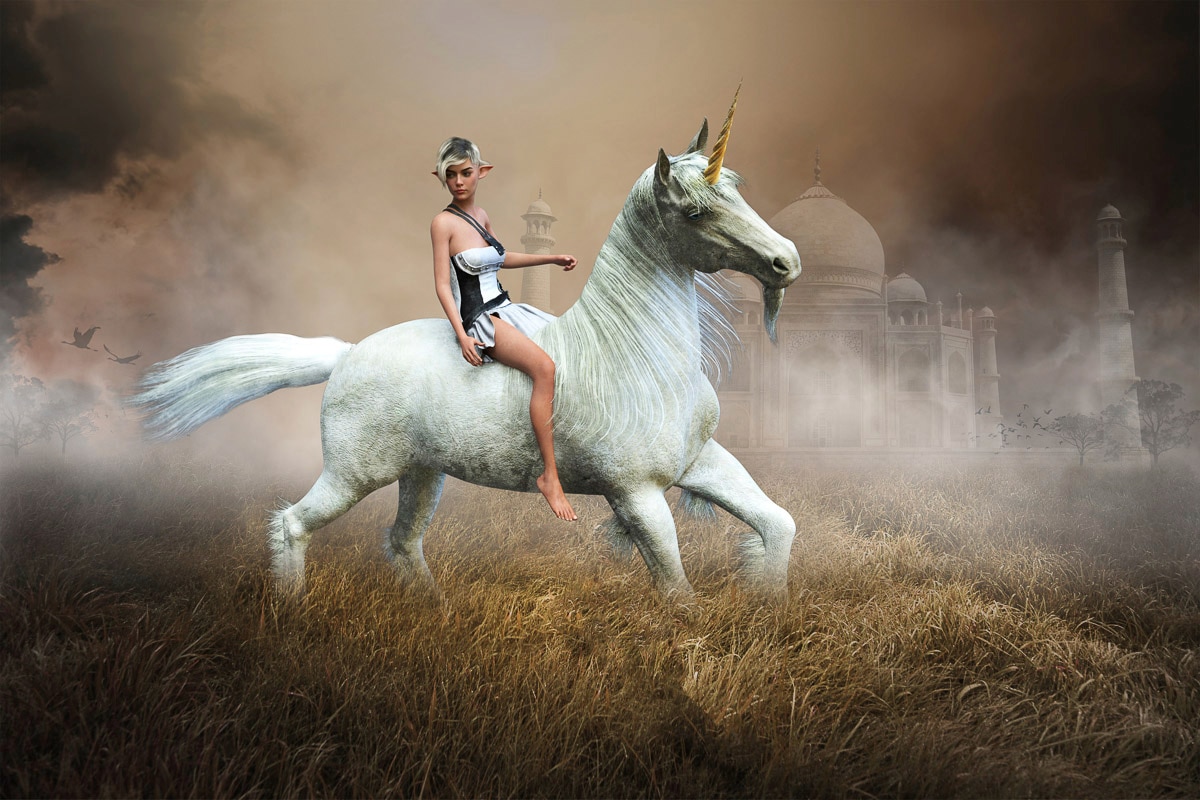 Fototapete PAPERMOON "Einhorn Fantasy Elf", bunt, B:4,5m L:2,8m, Vlies, Tapeten - B/L: 4,5m x 2,8m, Bahnen: 9 Stk.
