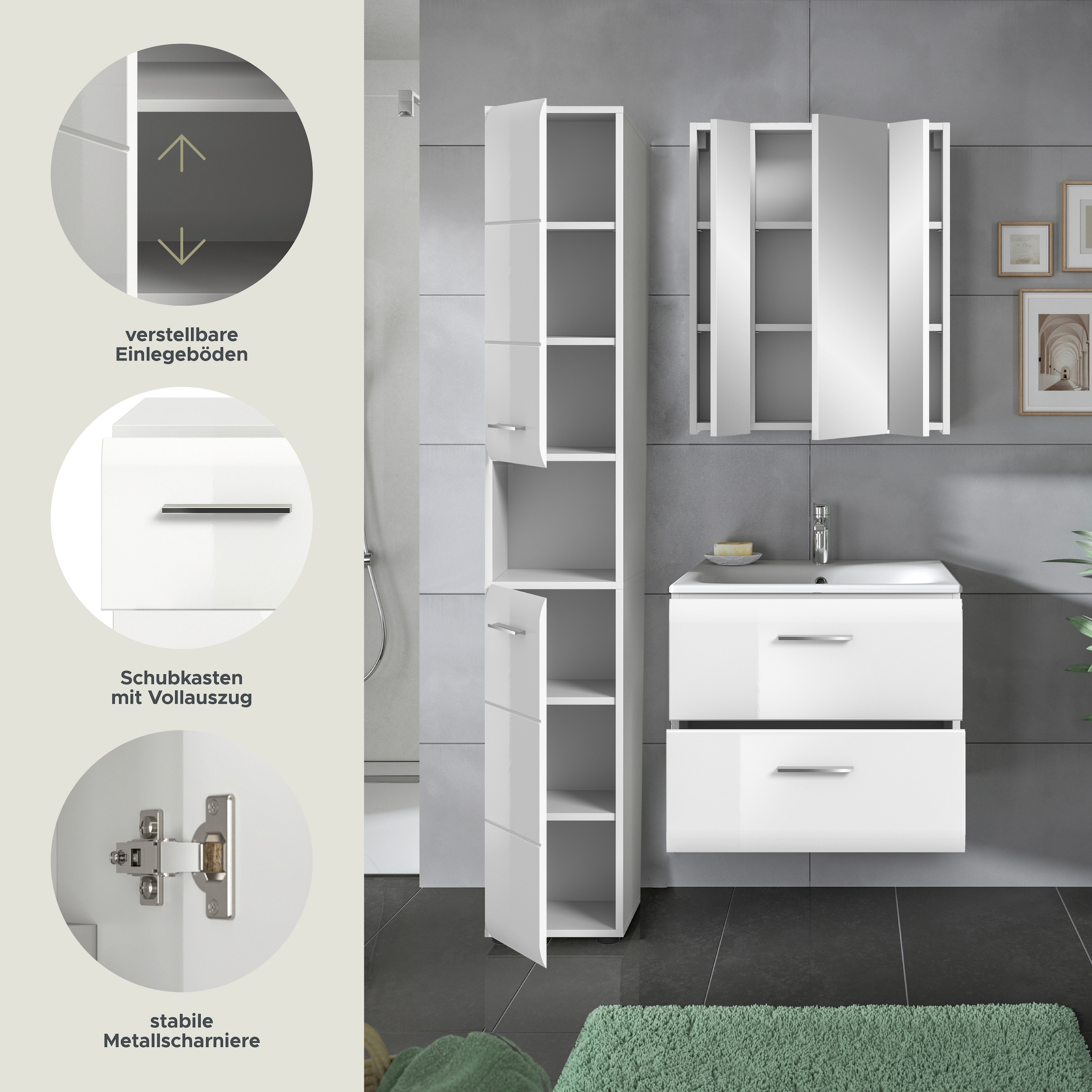 INOSIGN Badezimmer-Set, (Set, 4 St.), Florenz, Badkombination 4-tlg., Weiß hochglanz, inkl. Waschbecken
