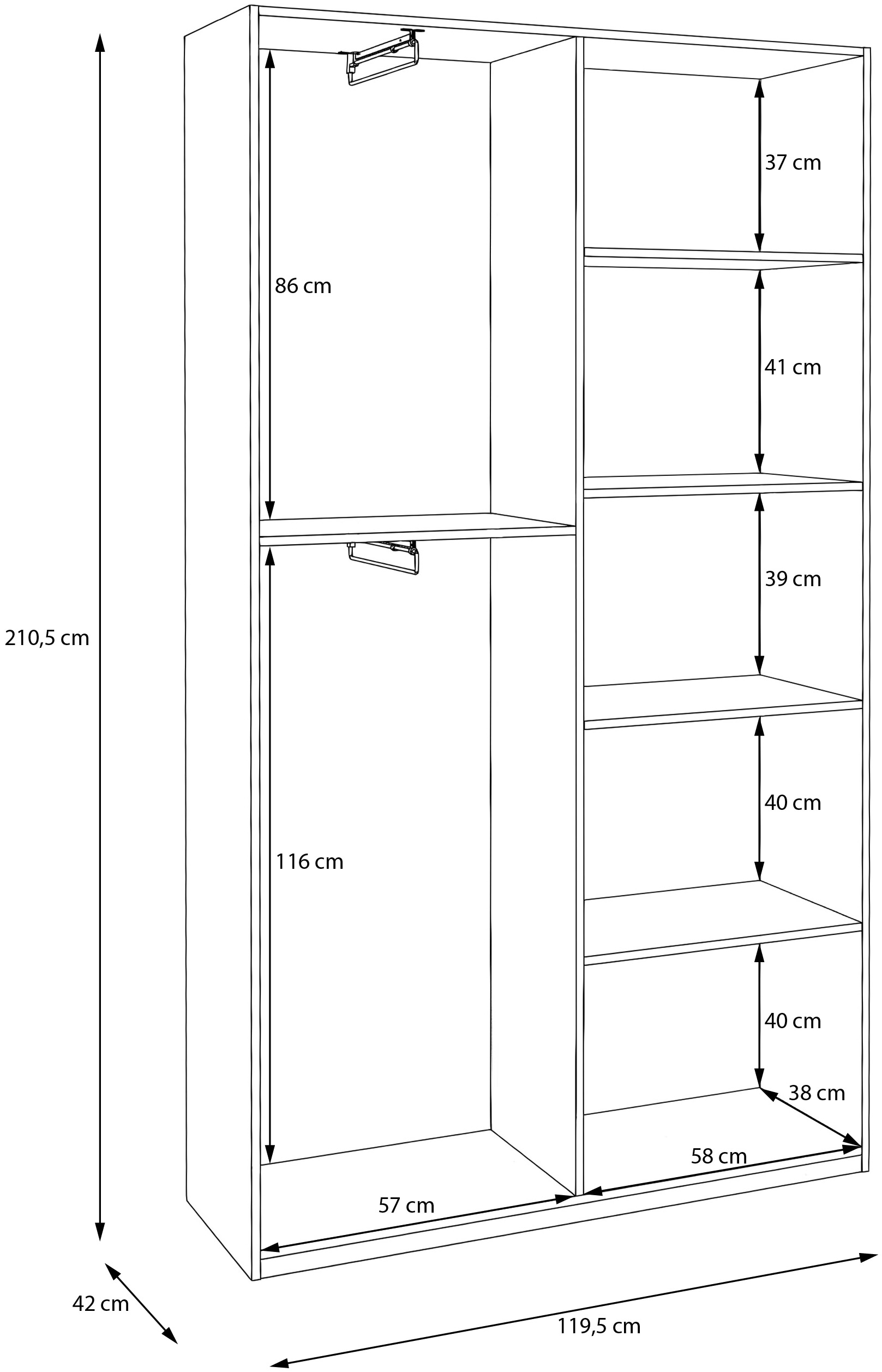 FORTE Drehtürenschrank B/H/T 119,5/210,5/42cm, stehende Montage