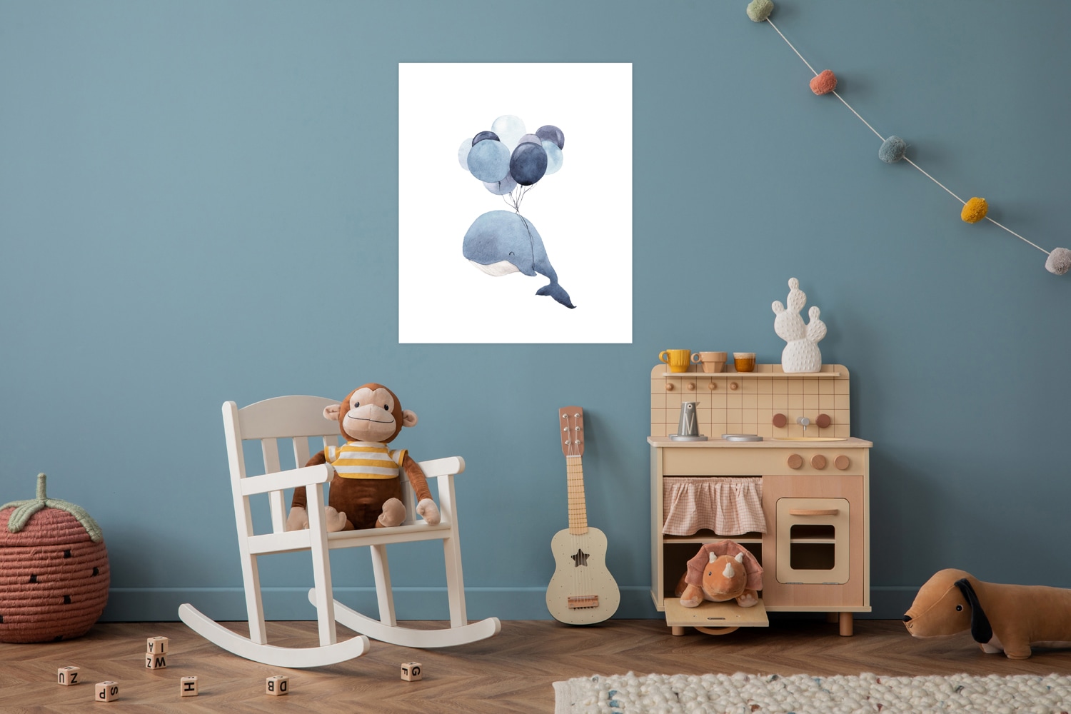 Lüttenhütt Bild mit Rahmen "oder Poster, Wal mit Luftballons" Fantasy Luftballon Tiere Wassertiere 1 Stk. tlg. HD Premium Druck