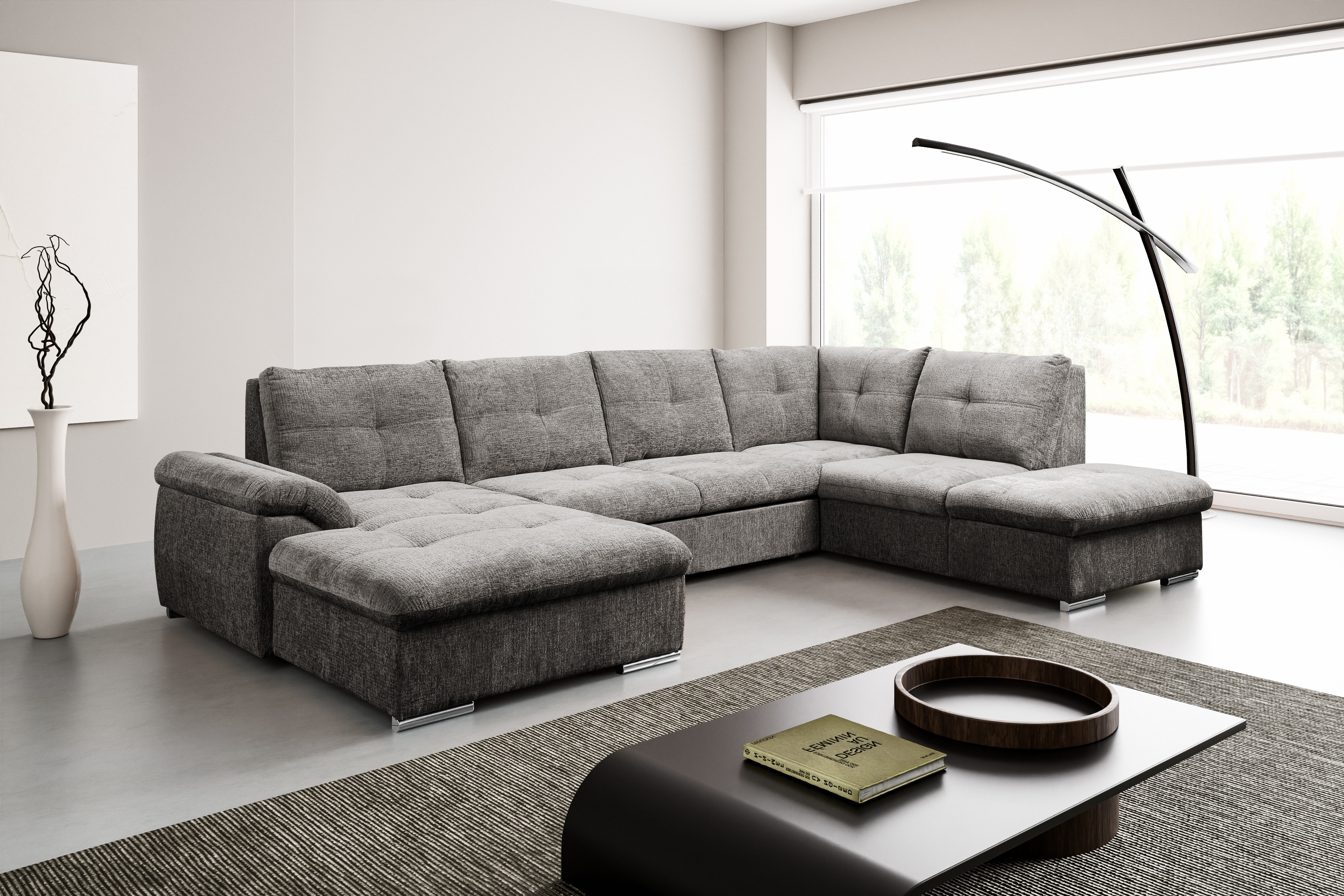 WERK2 Wohnlandschaft "Arena 339 x 220 cm modern und bequem" U-Form, XXL, Schlaffunktion, Bettkasten