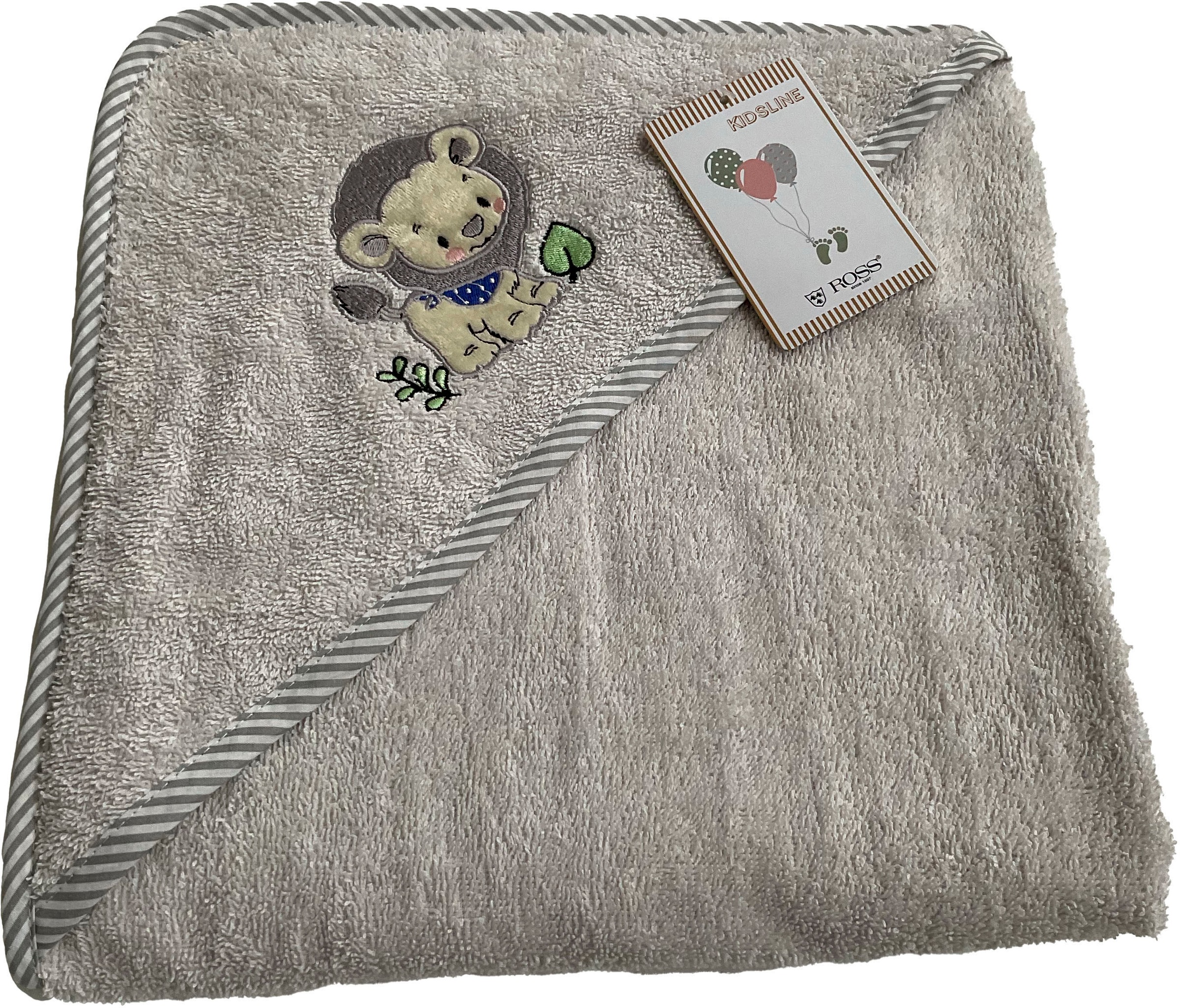 Kapuzenhandtuch ROSS, B:100cm L:100cm, silber, Frottier, Baumwolle, Handtücher, "KIDSLINE", 100 % Baumwolle, Kapuze, Stickerei