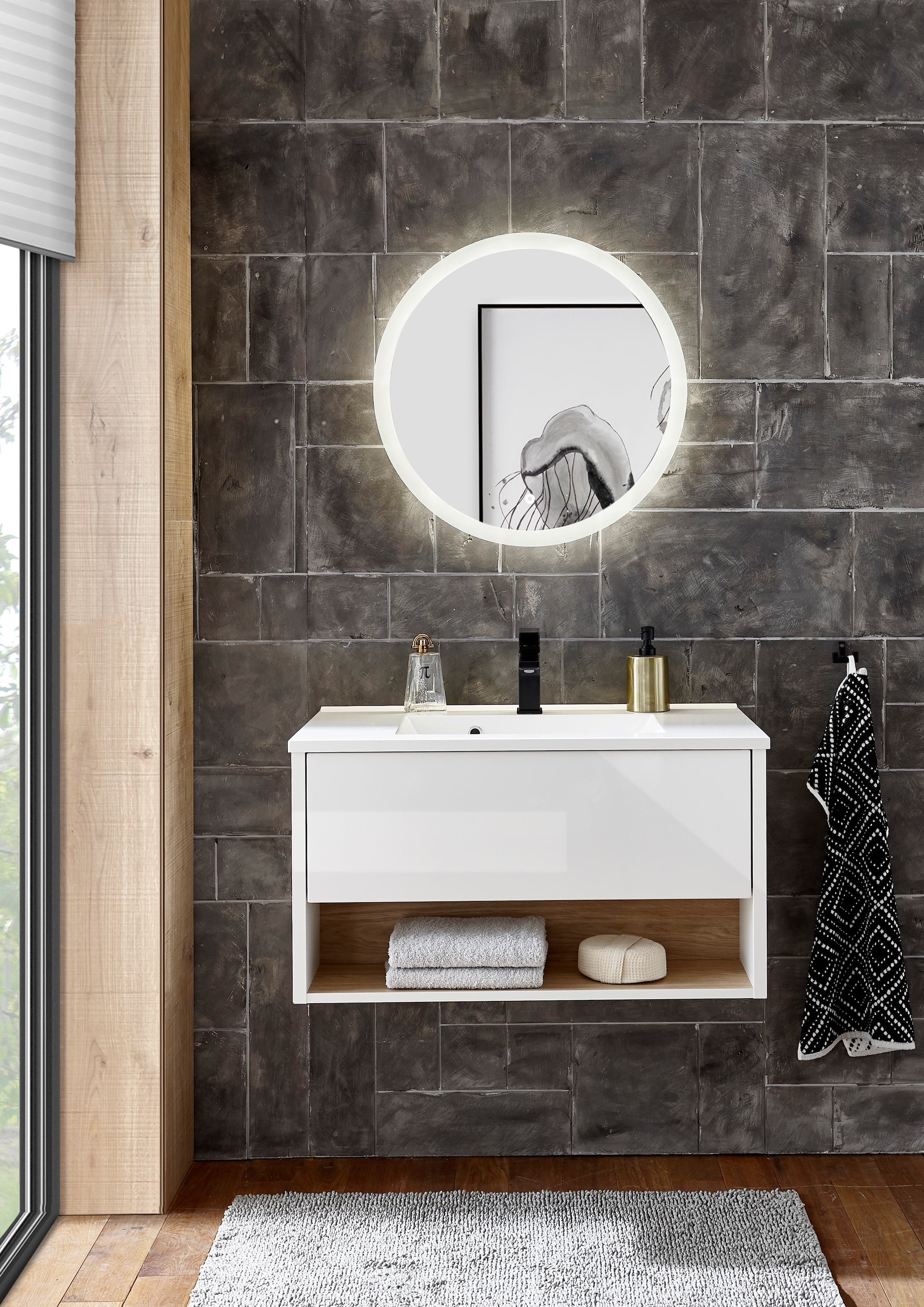 Places of Style Badmöbel-Set »Studio Line, Bad im modernen Design, 2-teiliges Badezimmer«, (2 St.), Waschtisch und Spiegel, in zwei Farben verfügbar, viel Stauraum