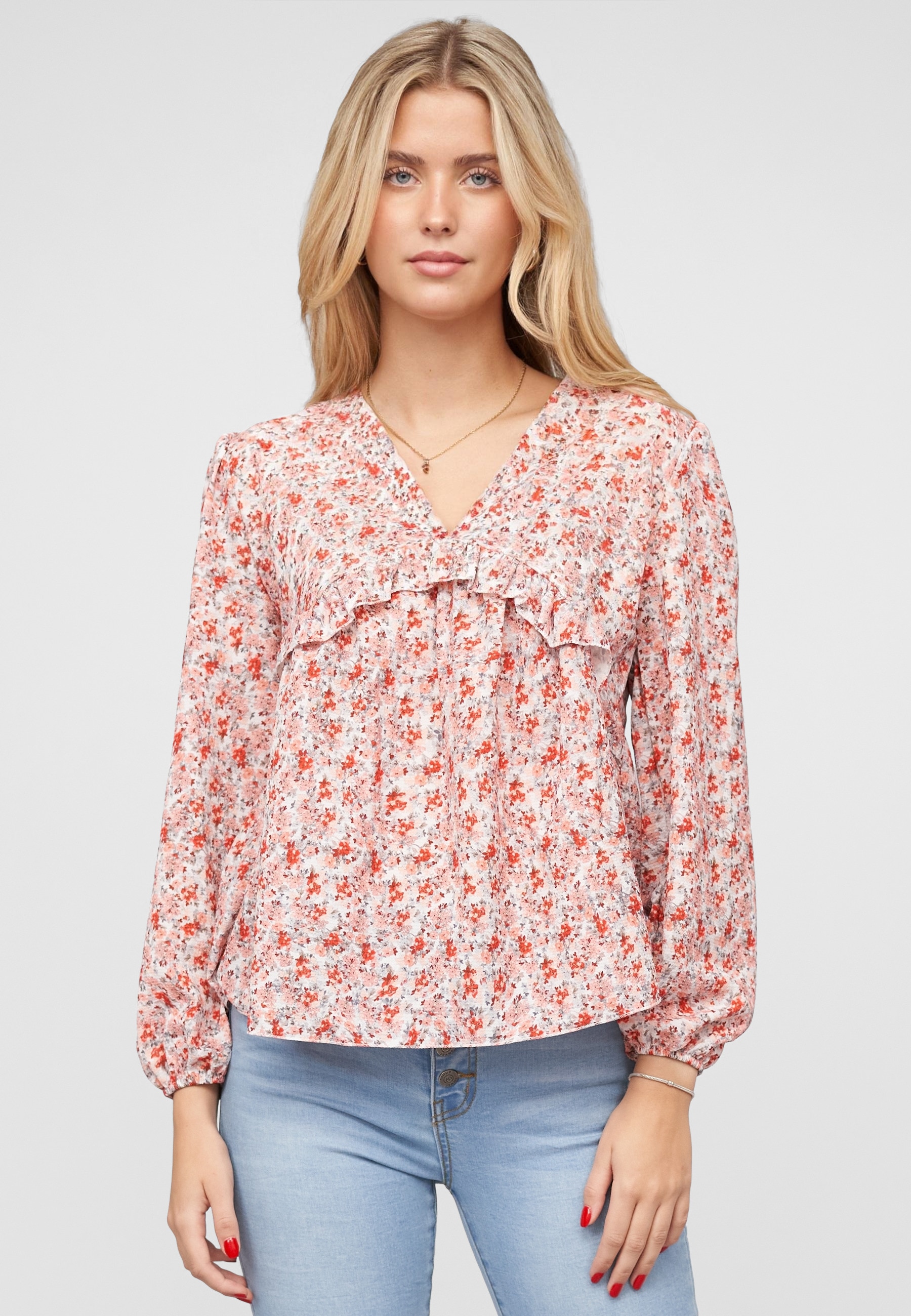 CLOUD 5IVE Blusentop »CLOUD 5IVE V-Neck Bluse mit Rüschendetails und Blumen Print«