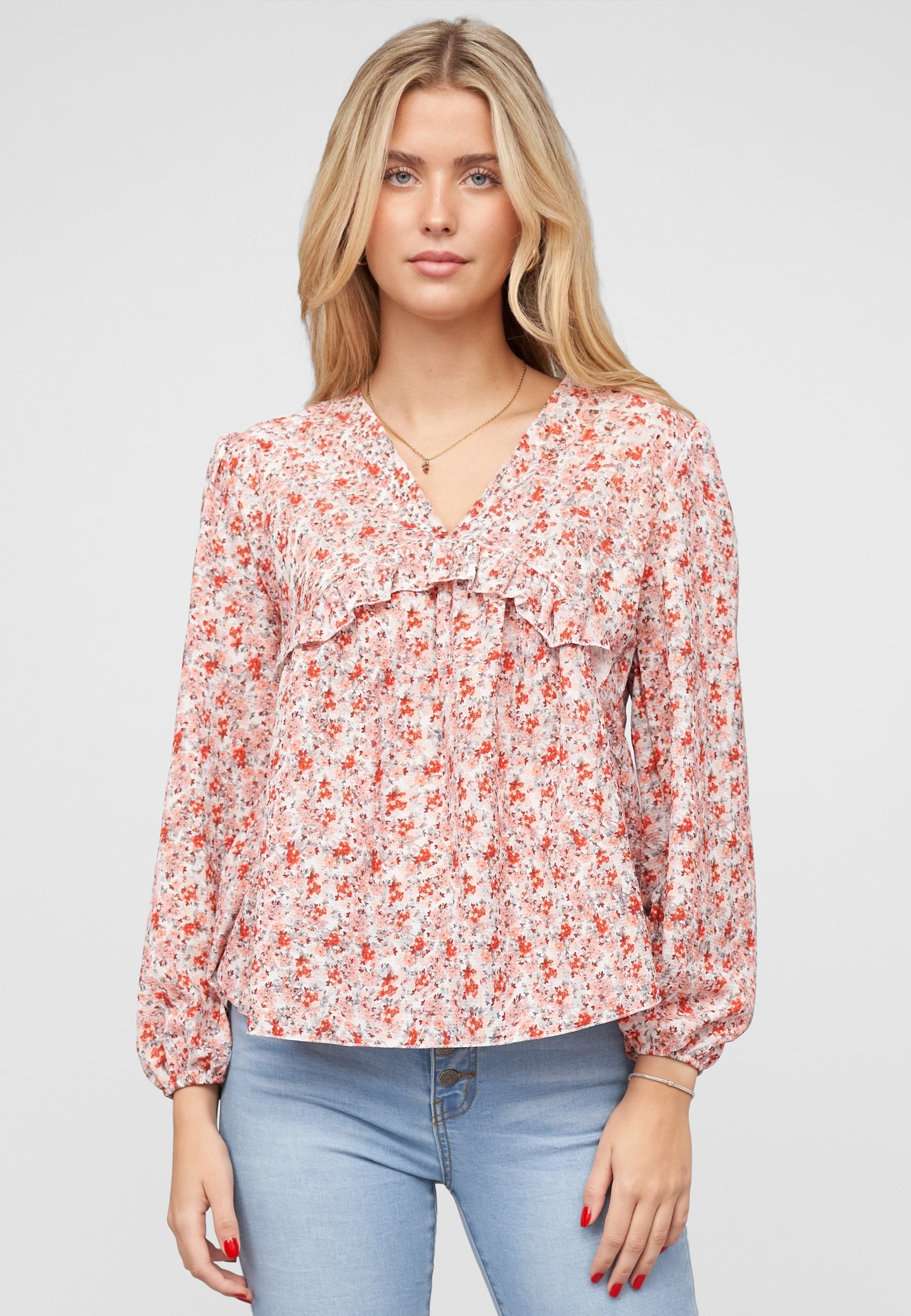 Thumbnail - CLOUD 5IVE Blusentop "CLOUD 5IVE V-Neck Bluse mit Rüschendetails und Blumen Print"