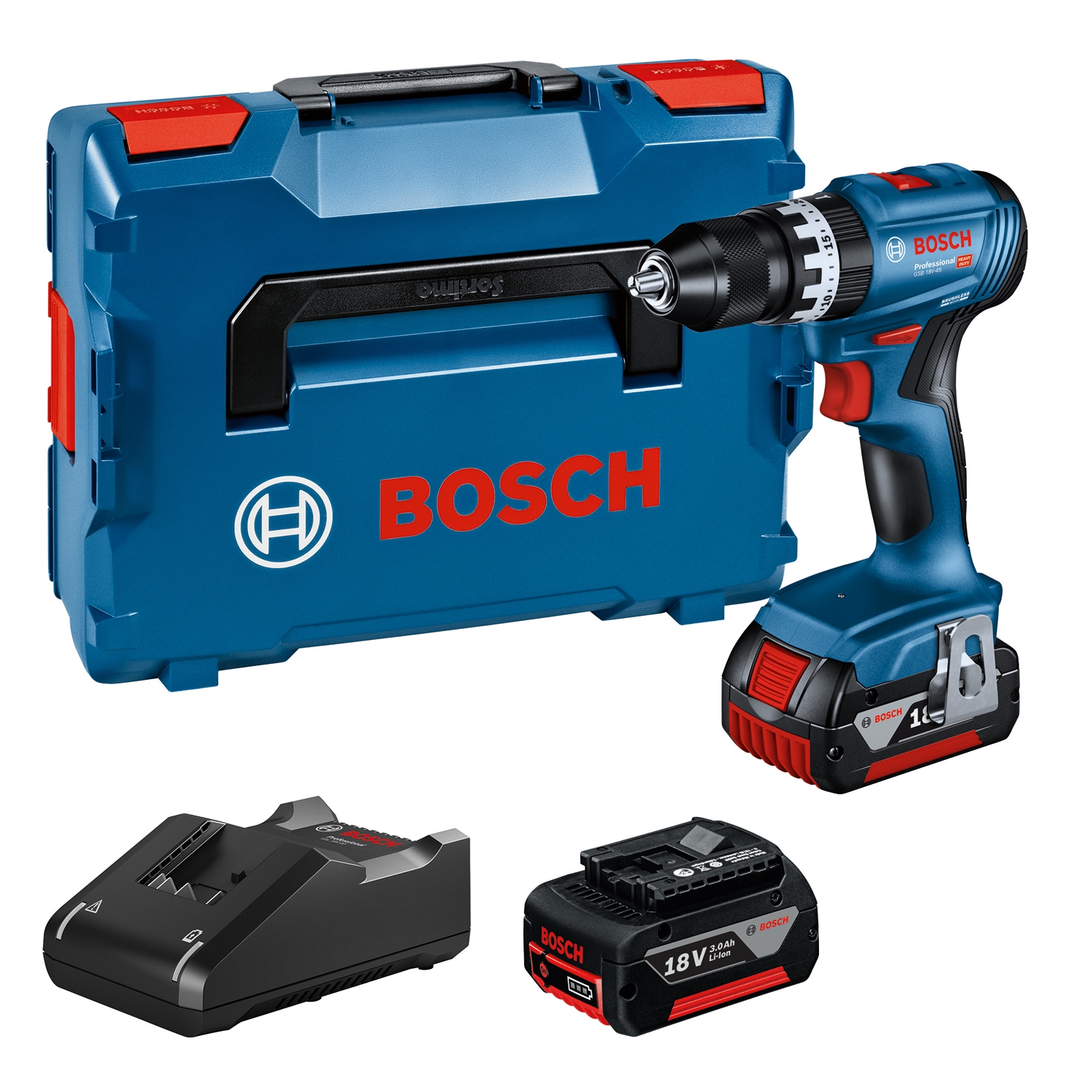 Akku-Schlagbohrmaschine "»GSB 18V-45«"blau, BOSCH PROFESSIONAL, Bohrmaschinen, Inkl. 2x Akkus 3,0Ah und Schnellladegerät GAL 18V-40, in L-BOXX