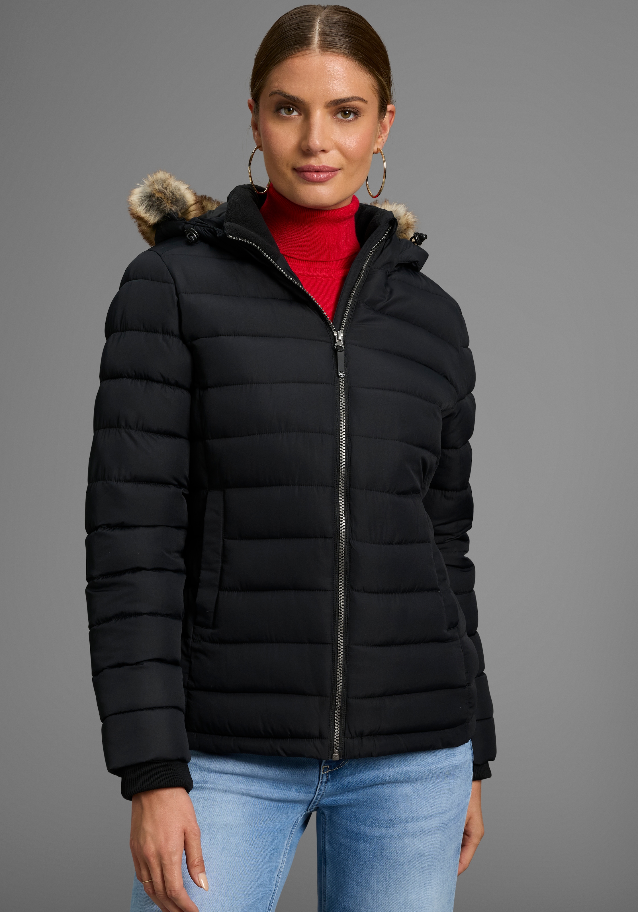 POLARINO Damen Steppjacke, schwarz, Gr. 44, Fellimitat, unifarben, Web, Obermaterial: 100% Polyester. Futter: 100% Polyester. Wattierung: 100%