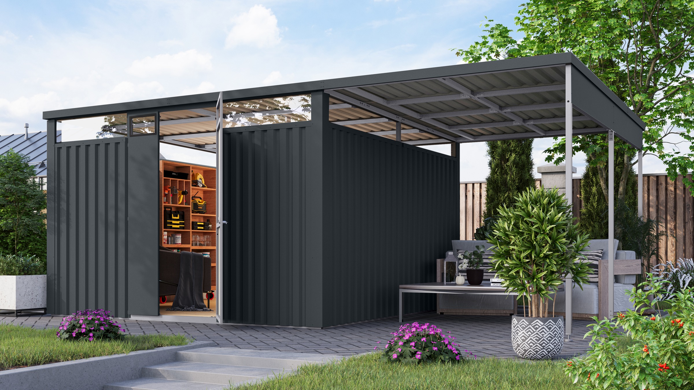 Karibu Gartenhaus ""Østen 3,5" SET mit Anbaudach 2,25 m", pulverbeschichtet günstig online kaufen