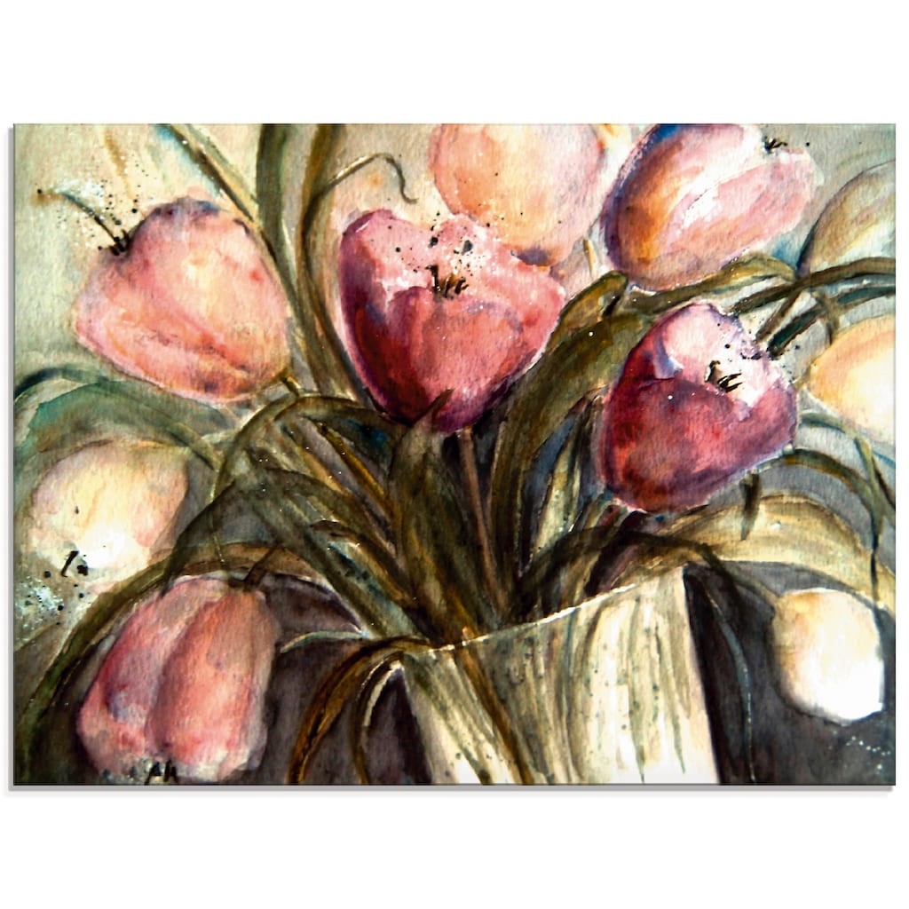 Artland Glasbild »Lila Tulpen in Vase«, Blumen, (1 St.)